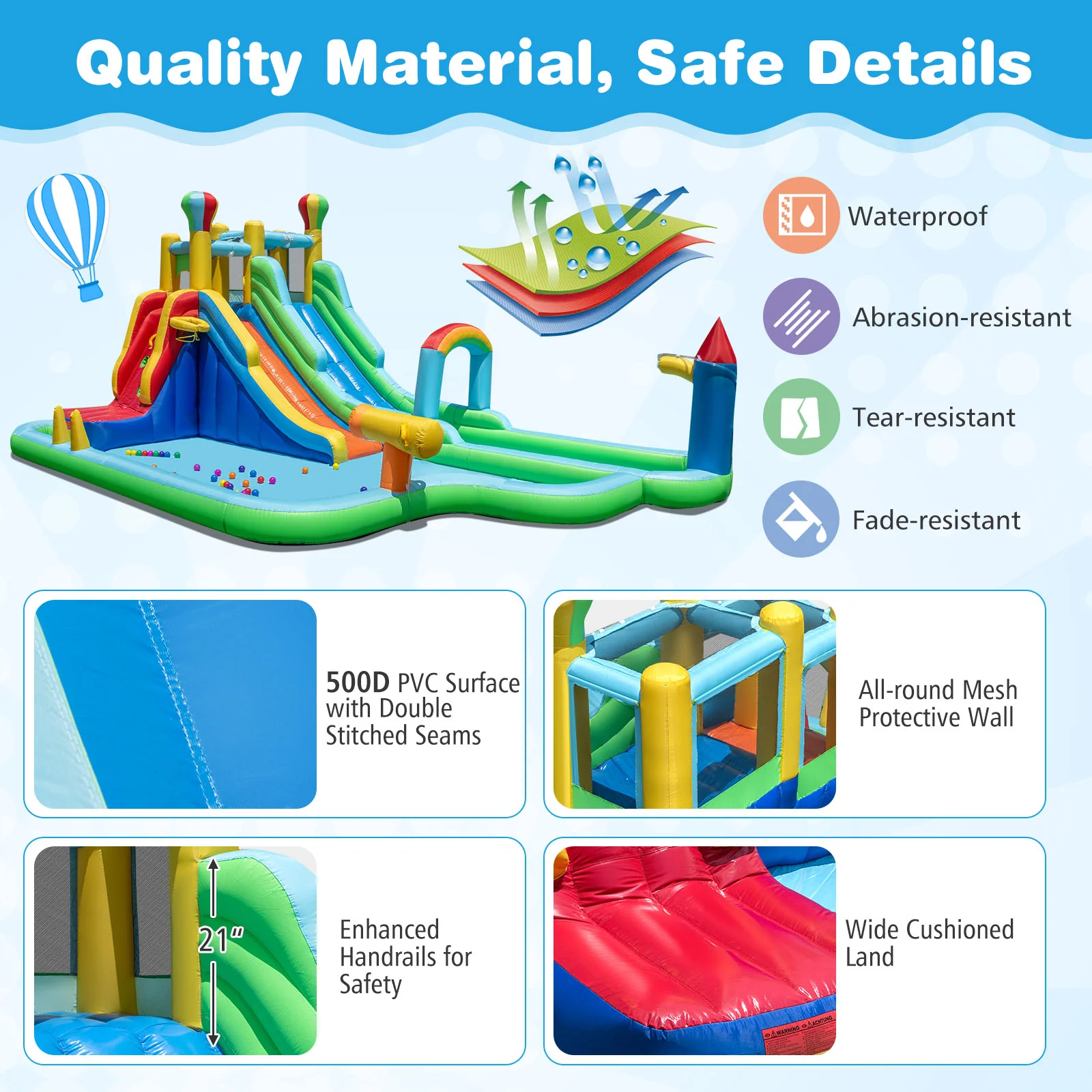 Inflatable Water Slide Park Giant Bounce House with 950W Blower, Blue - Image 7