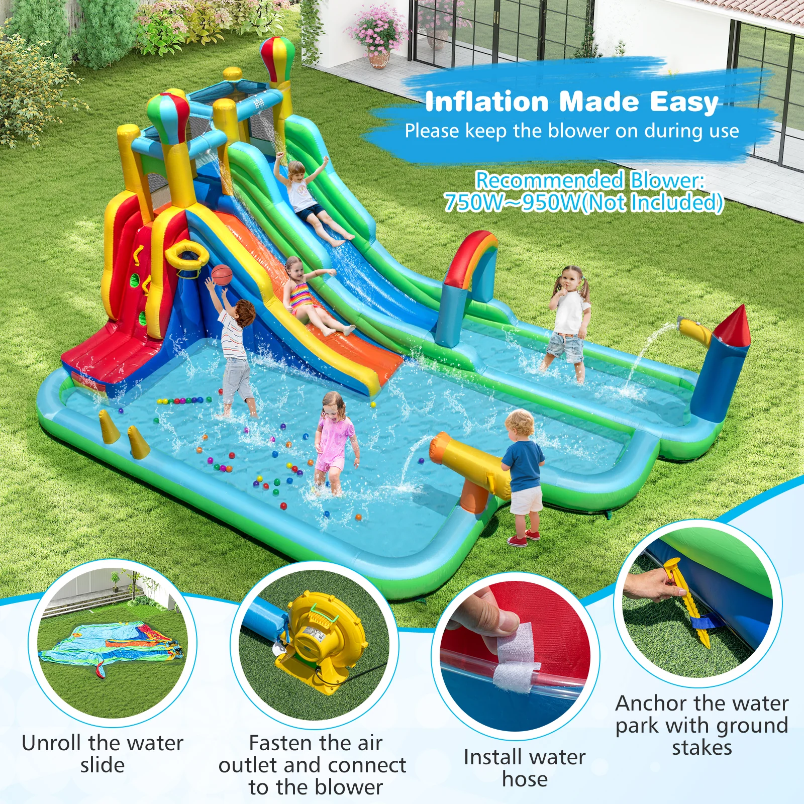 Inflatable Water Slide Park Giant Bounce House with Double Long Slides, Blue - Image 10