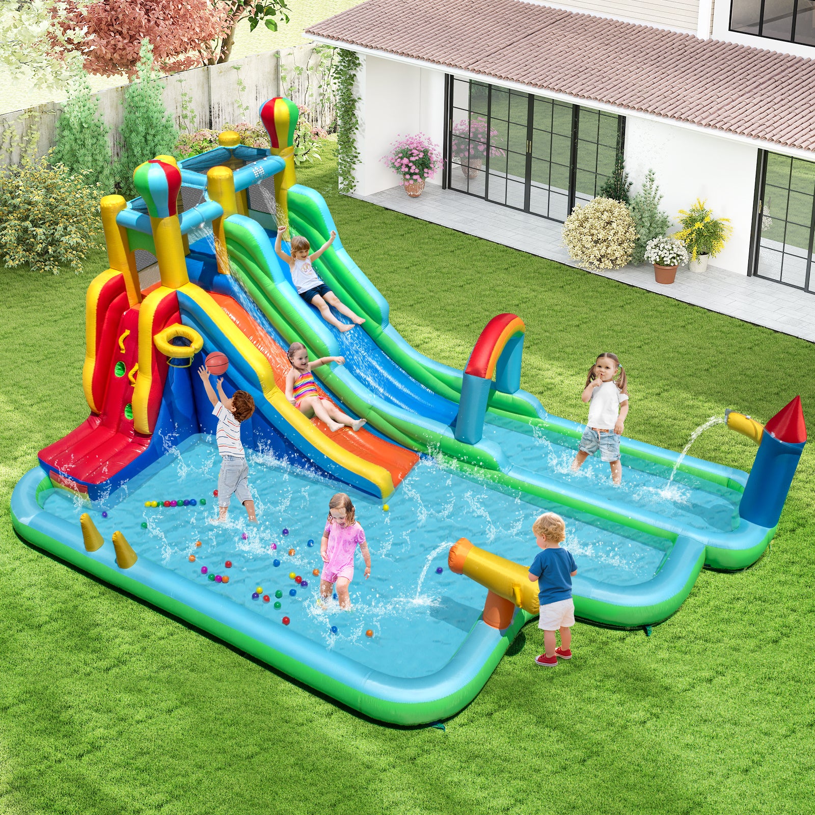 Inflatable Water Slide Park Giant Bounce House with Double Long Slides, Blue - Image 2