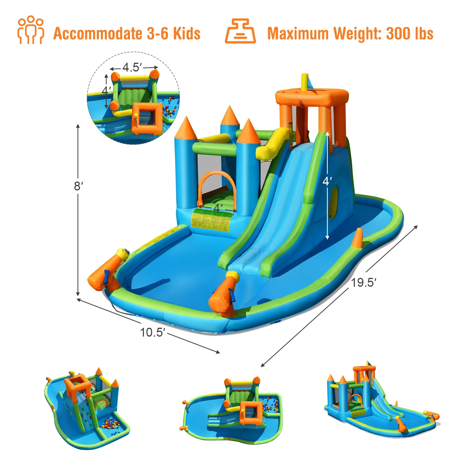 Inflatable Water Slide With Bounce House, Splash Pool, No Blower, Kids - Image 5