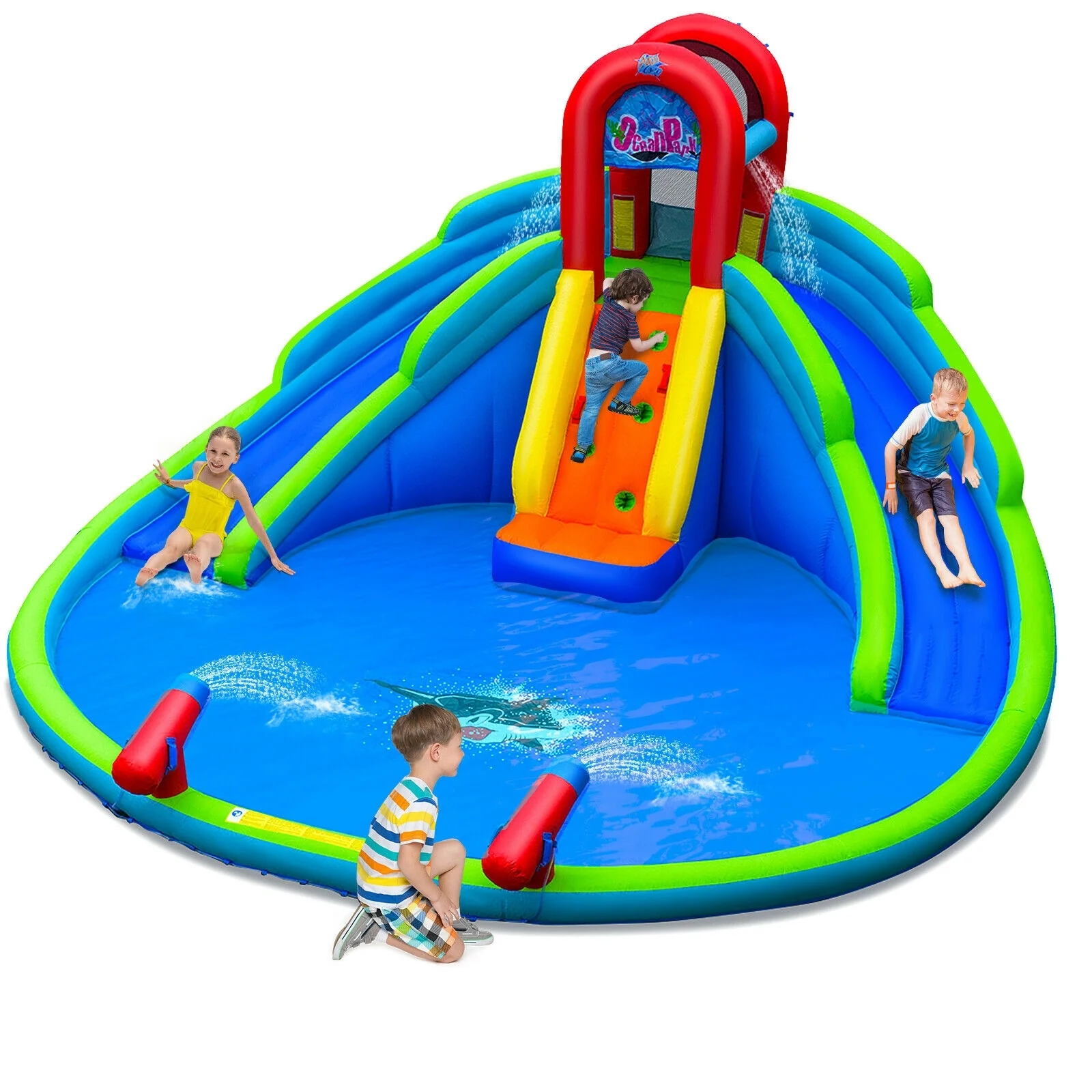 Inflatable Waterslide Bounce House, Upgraded Handrail, No Blower, Blue