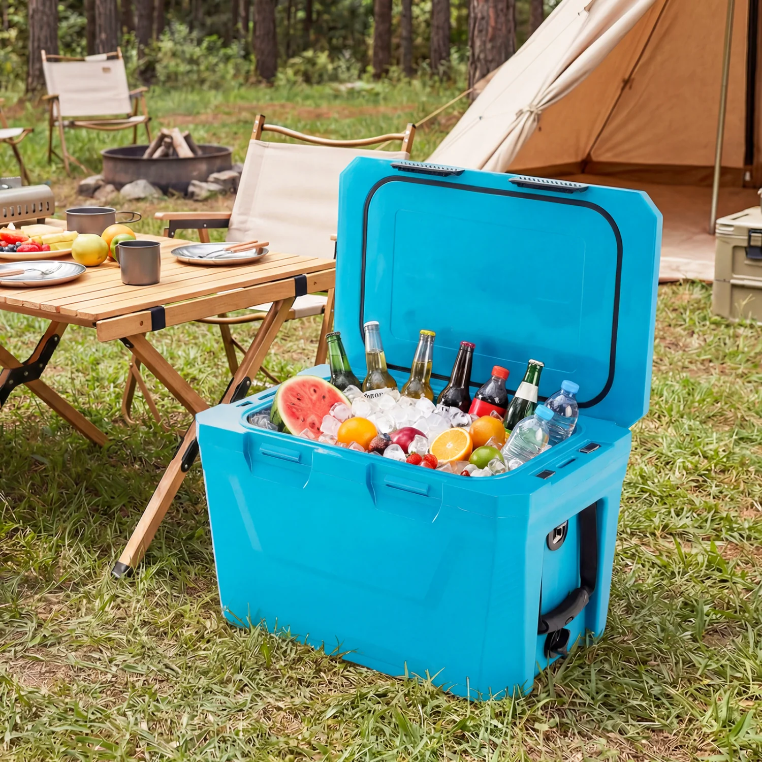 Insulated Hard Shell Cooler, Ice Chest with 2 Cup Holders, Blue - Image 2