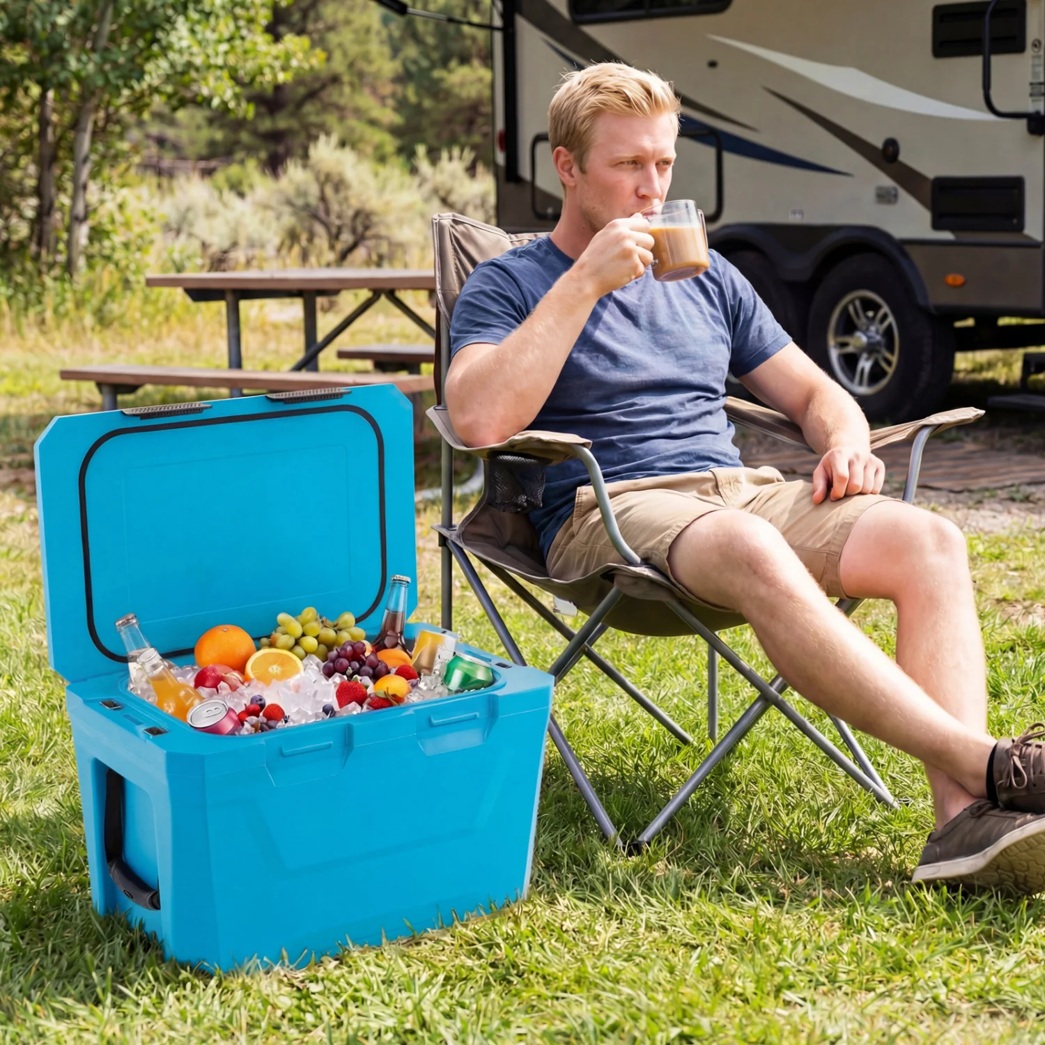 Insulated Hard Shell Cooler, Ice Chest with 2 Cup Holders, Blue - Image 3