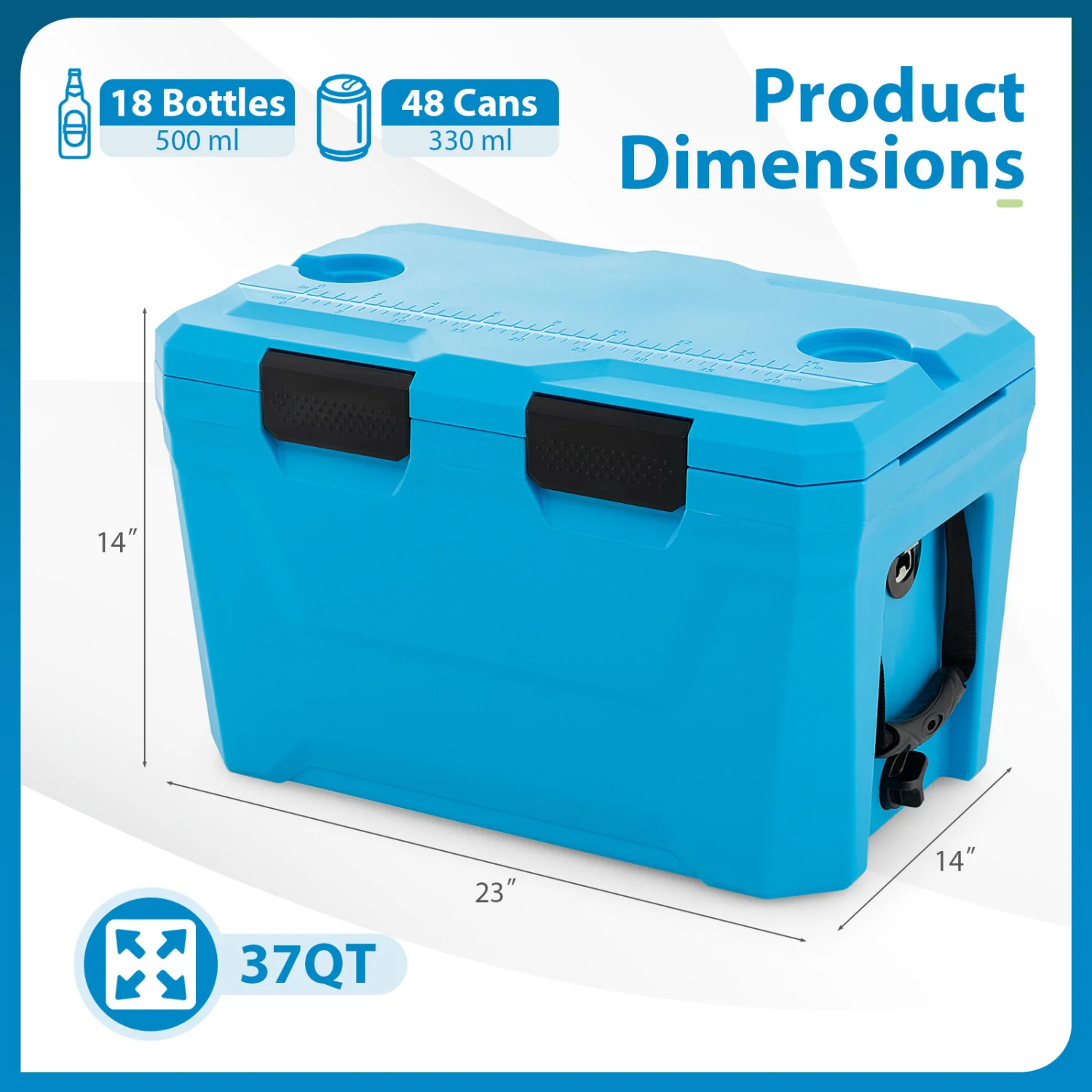 Insulated Hard Shell Cooler, Ice Chest with 2 Cup Holders, Blue - Image 5