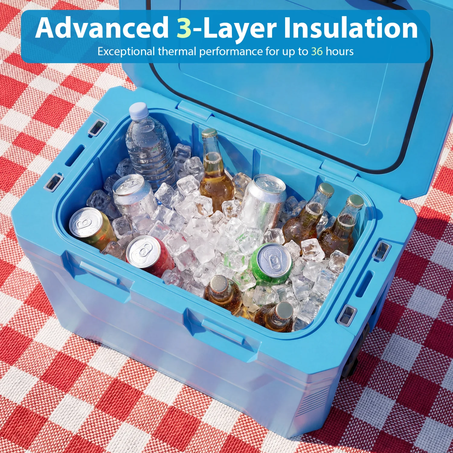 Insulated Hard Shell Cooler, Ice Chest with 2 Cup Holders, Blue - Image 6