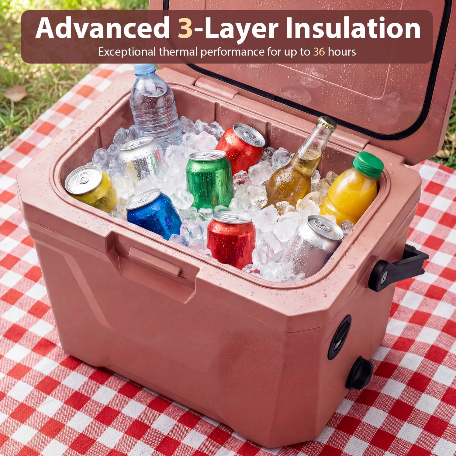 Insulated Portable Cooler, Hard Shell Ice Chest, 2 Cup Holders, Pink - Image 7