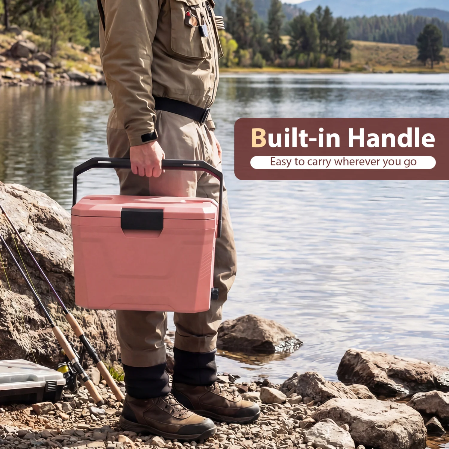 Insulated Portable Cooler, Hard Shell Ice Chest, 2 Cup Holders, Pink - Image 9