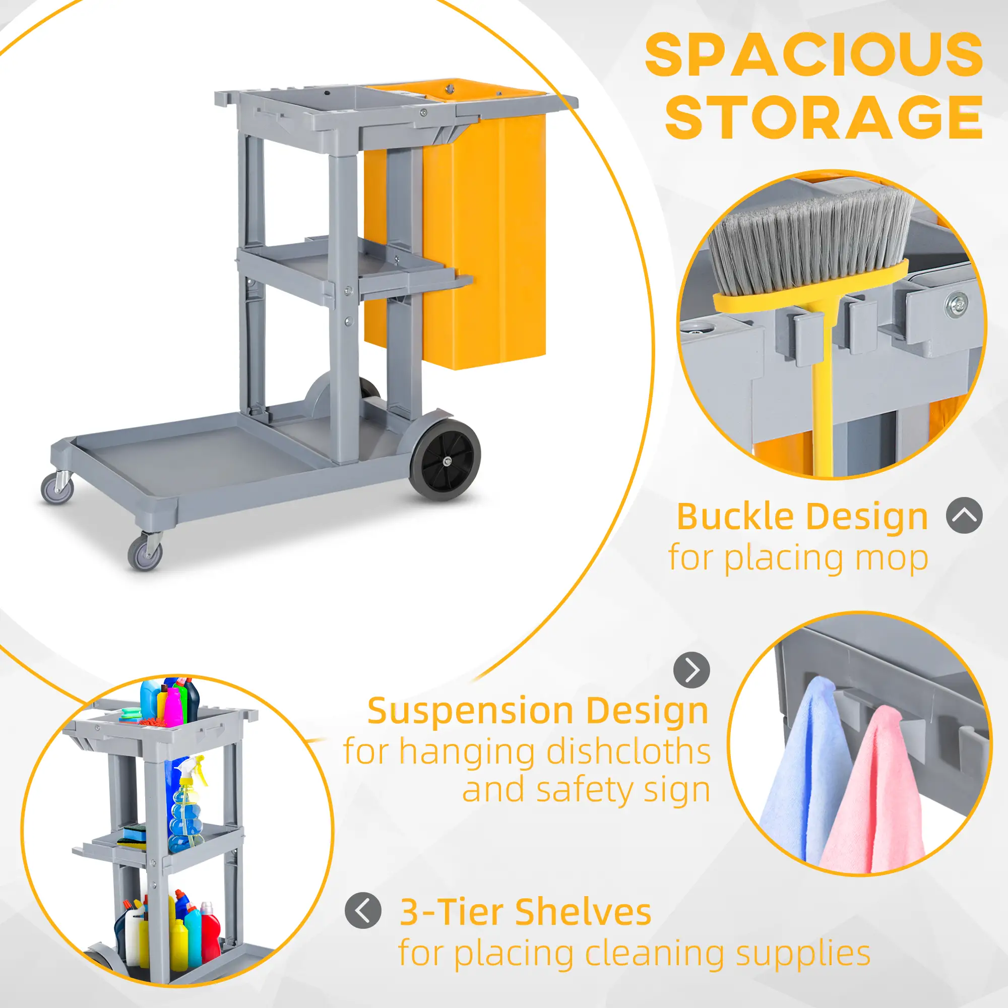Janitorial Cart with 3 Shelves, Wheels, Rubbish Bag, Mop Holders, Grey - Image 4