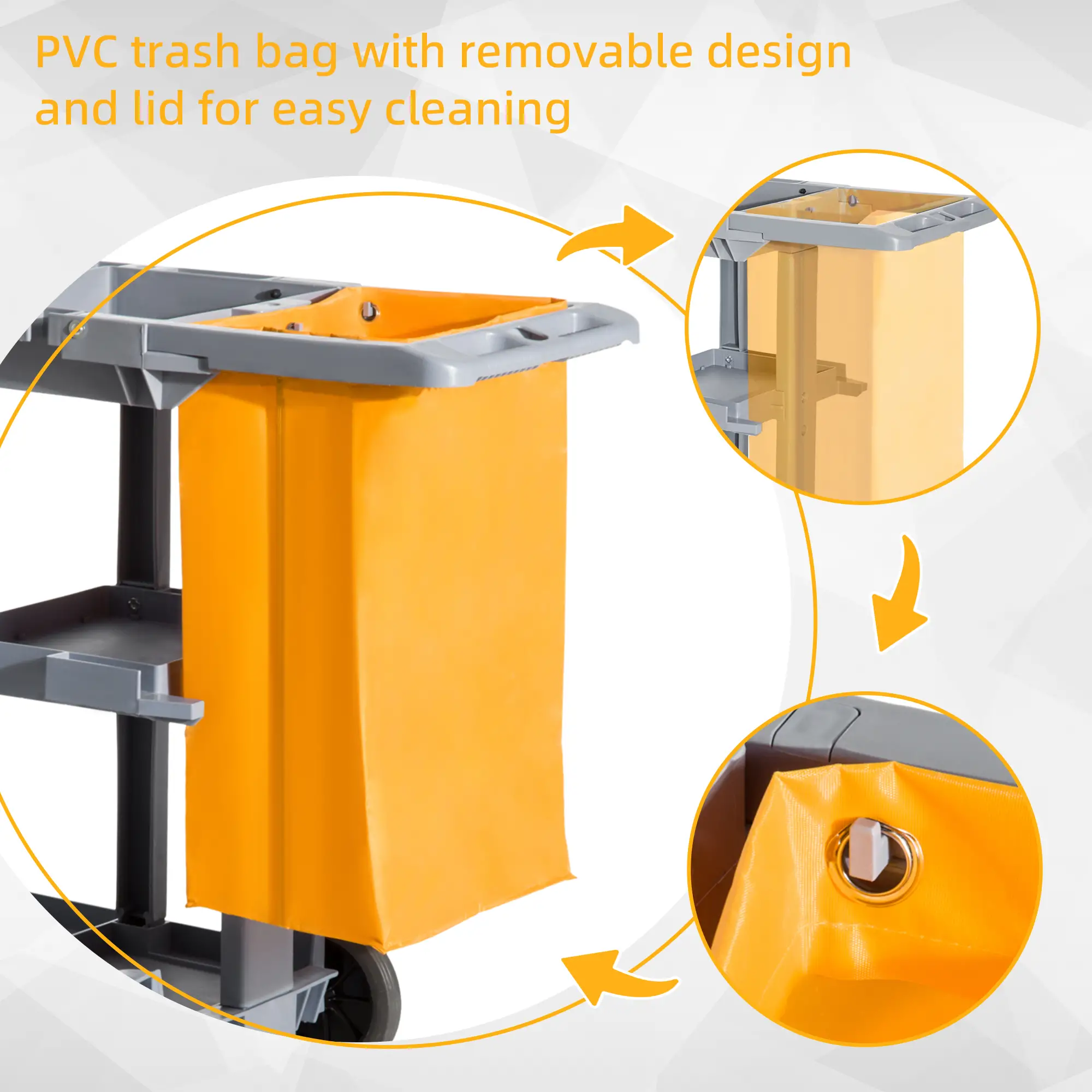 Janitorial Cart with 3 Shelves, Wheels, Rubbish Bag, Mop Holders, Grey - Image 6