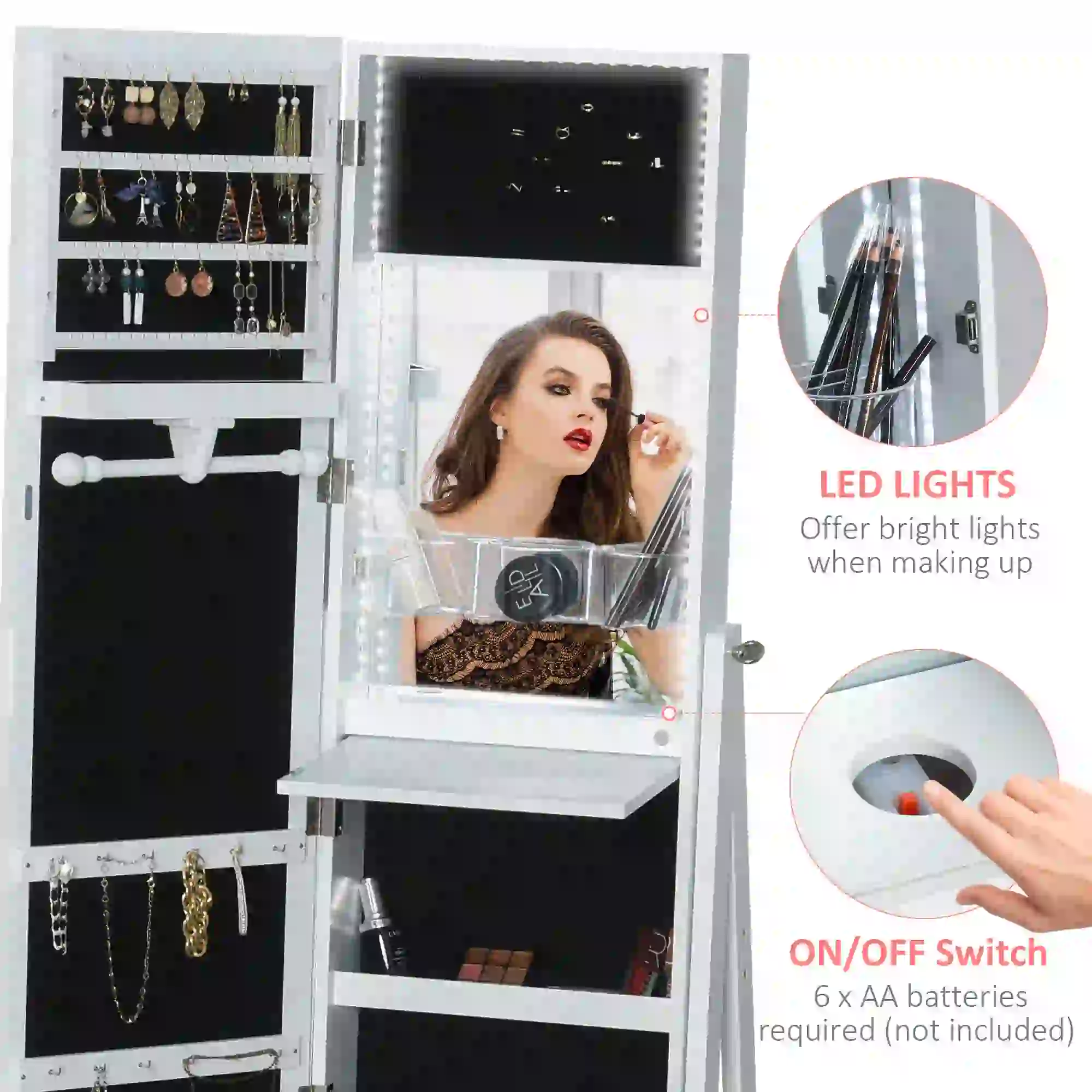 Jewellery Cabinet with Full-Length Mirror, White - Image 5