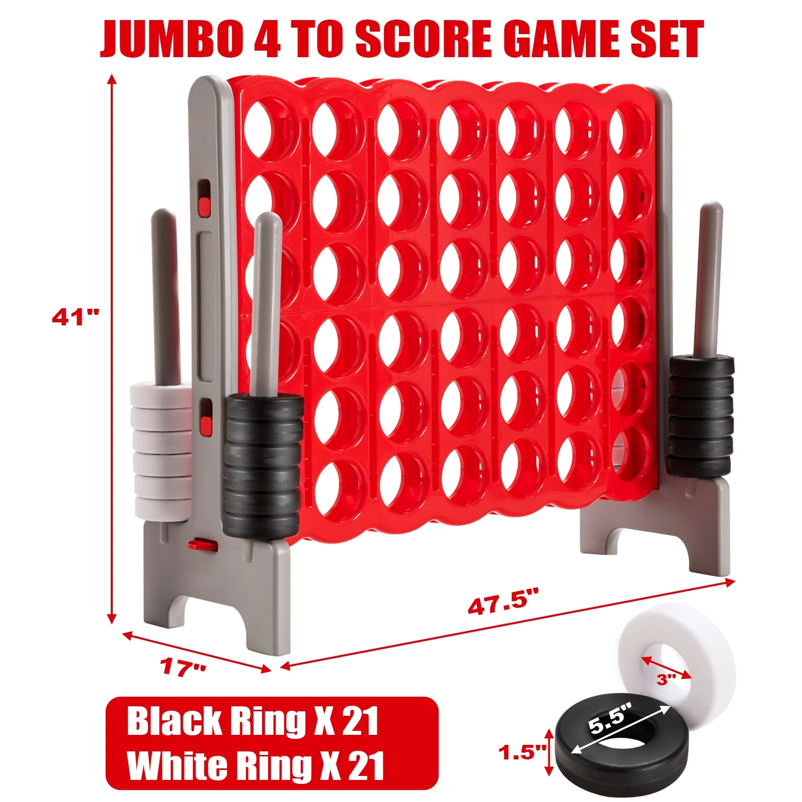 Jumbo 4 To Score Giant Game Set, 3.5 Feet Tall, 42 Rings, Red - Image 5