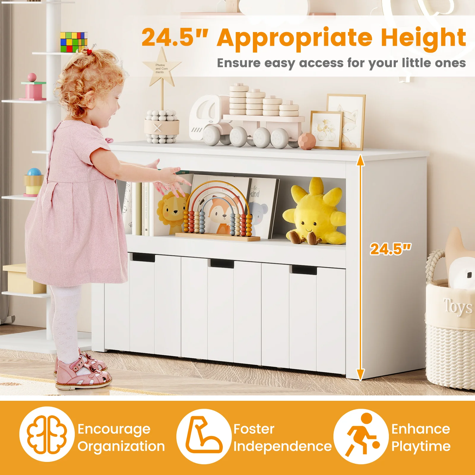 Kid Toy Storage Cabinet, 3 Drawer Chest With Wheels, White - Image 10