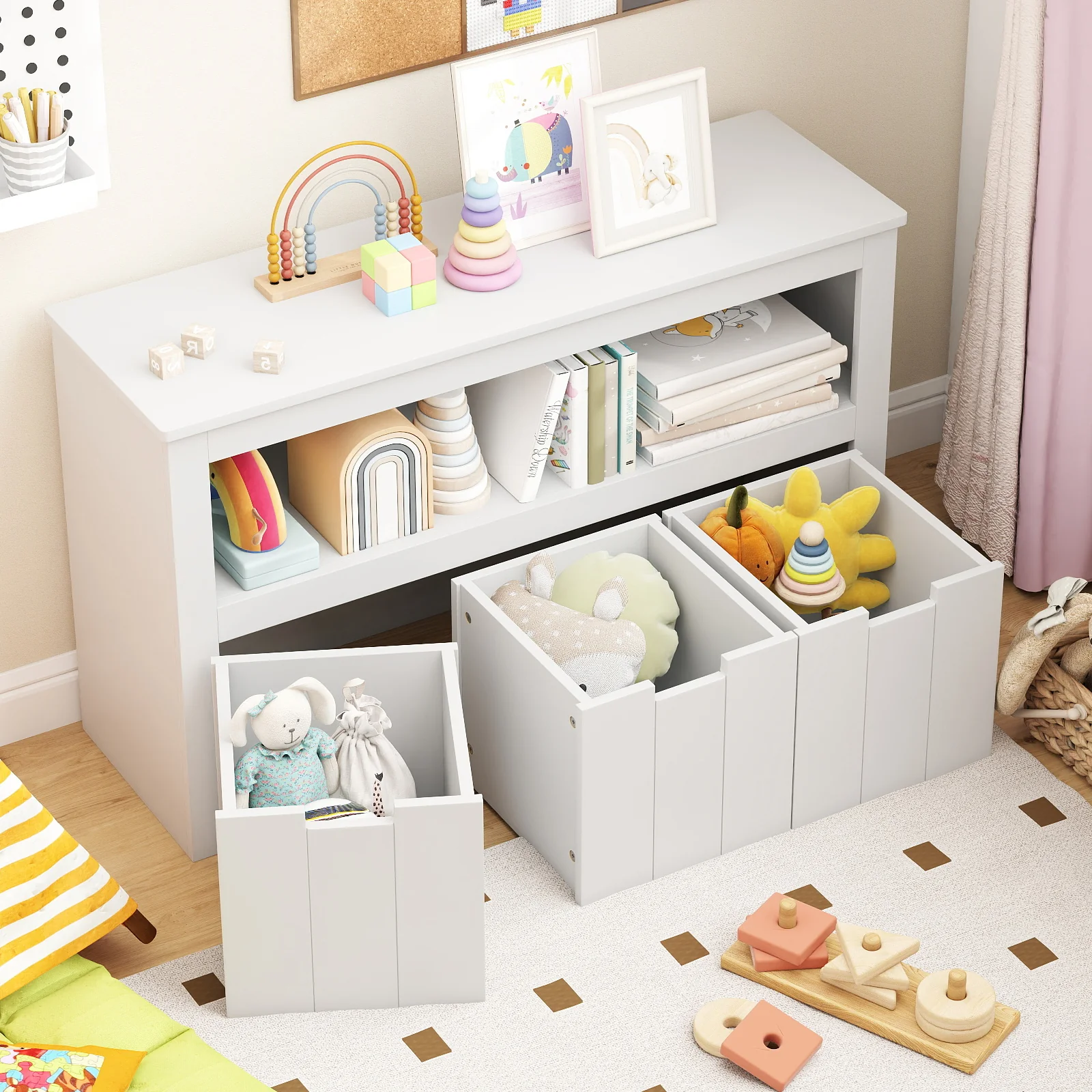 Kid Toy Storage Cabinet, 3 Drawer Chest With Wheels, White - Image 3