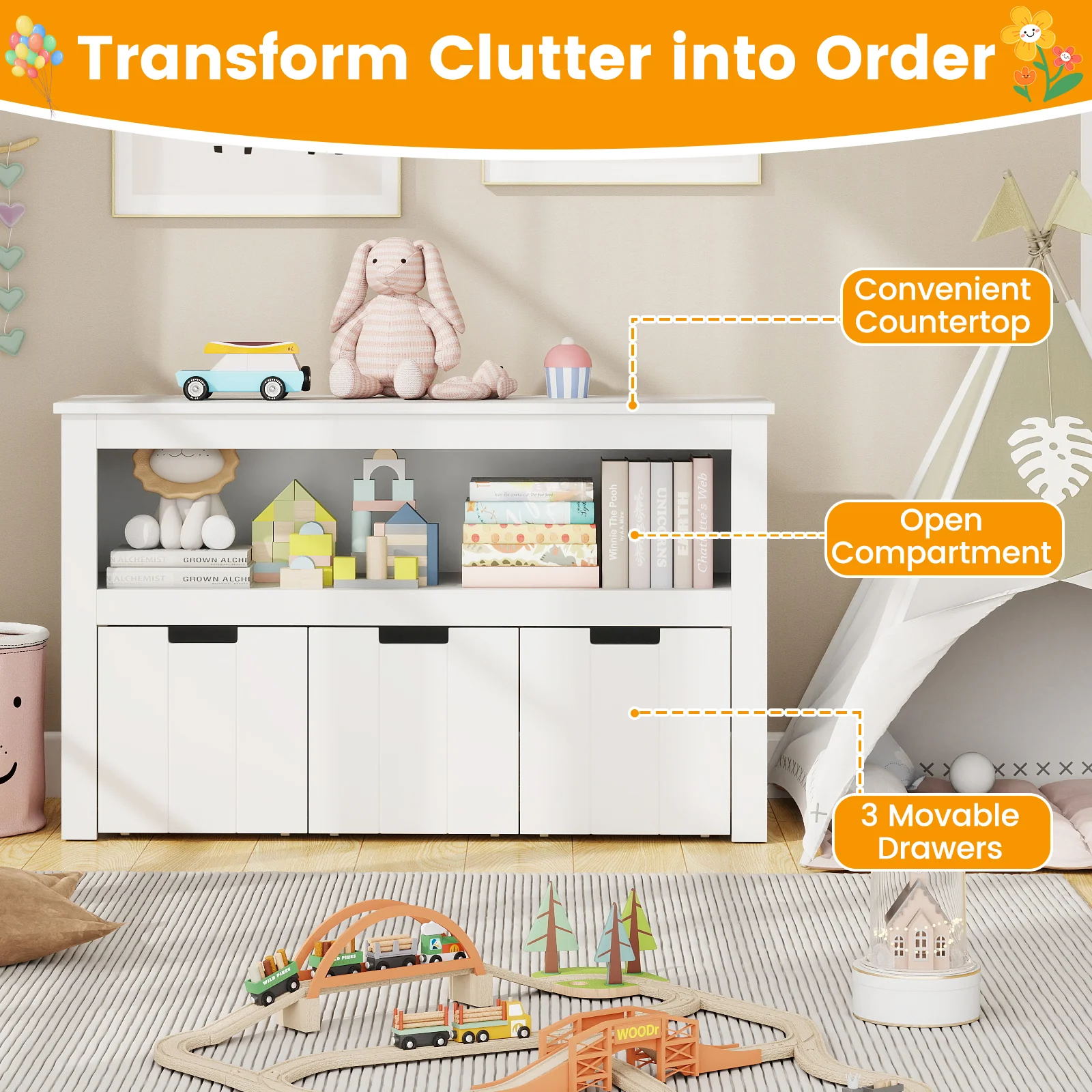 Kid Toy Storage Cabinet, 3 Drawer Chest With Wheels, White - Image 7