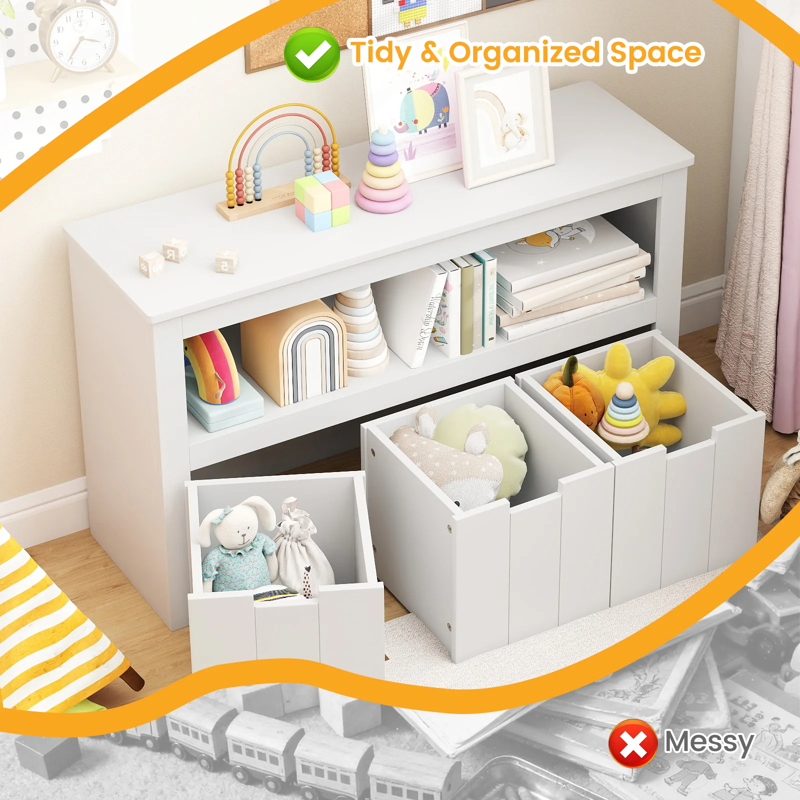 Kid Toy Storage Cabinet, 3 Drawer Chest With Wheels, White - Image 8