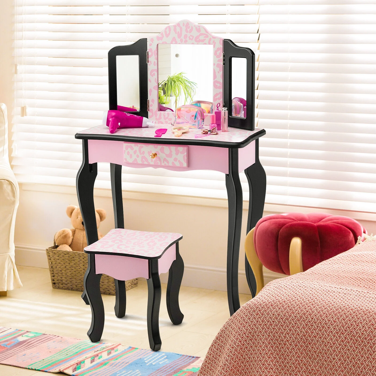 Kid Vanity Set, Tri-Folding Mirror, Leopard Print, Pink - Image 2