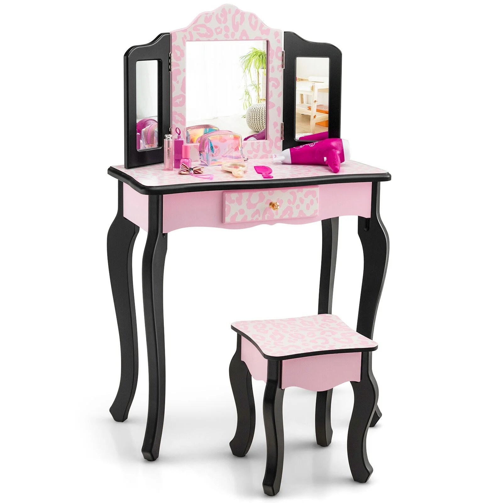 Kid Vanity Set, Tri-Folding Mirror, Leopard Print, Pink - Image 4