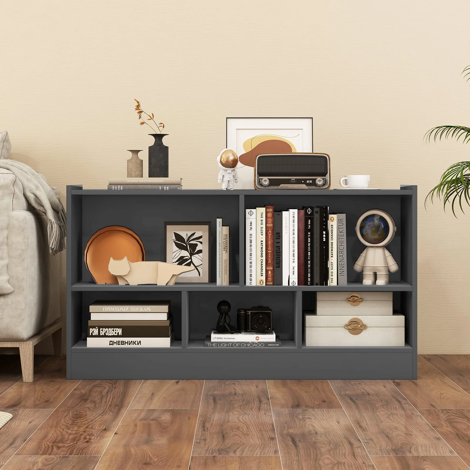 Kids 2-Shelf 5-Cube Wood Toy Storage Cabinet, Gray - Image 2