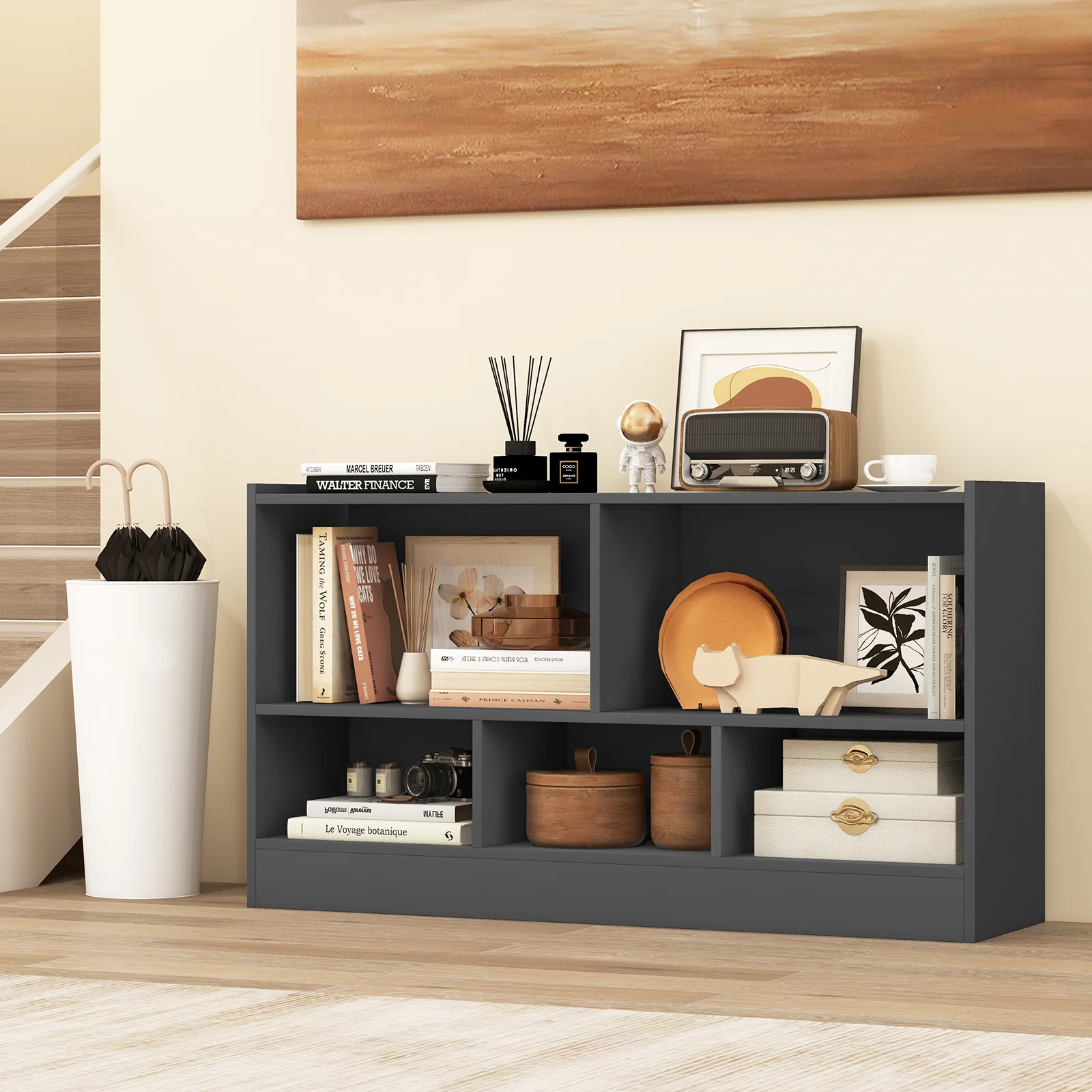 Kids 2-Shelf 5-Cube Wood Toy Storage Cabinet, Gray - Image 3