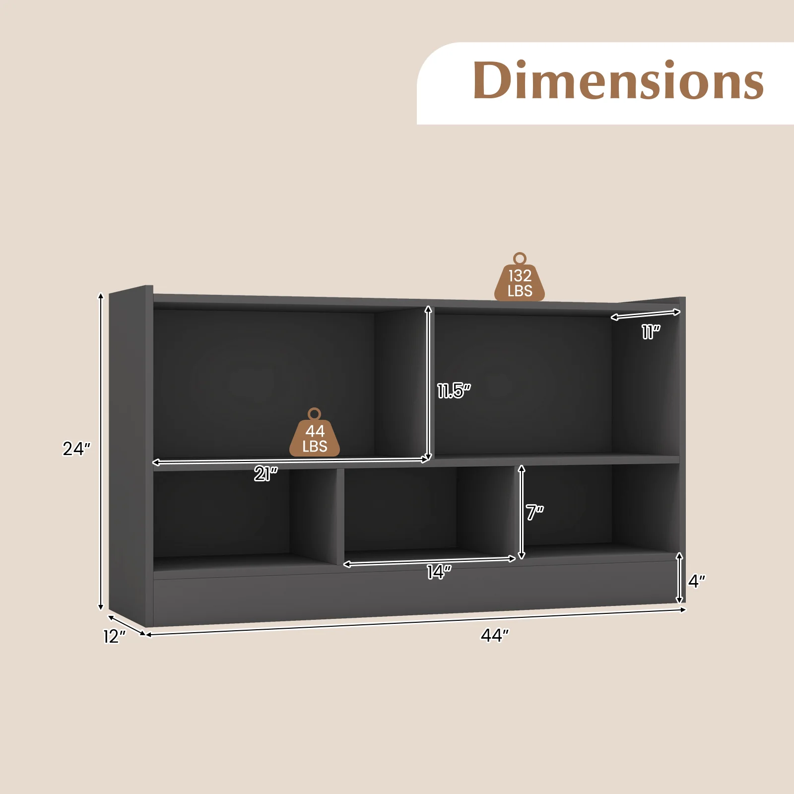 Kids 2-Shelf 5-Cube Wood Toy Storage Cabinet, Gray - Image 5