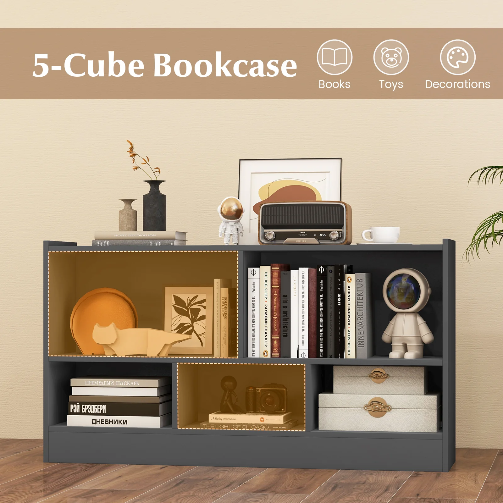 Kids 2-Shelf 5-Cube Wood Toy Storage Cabinet, Gray - Image 6
