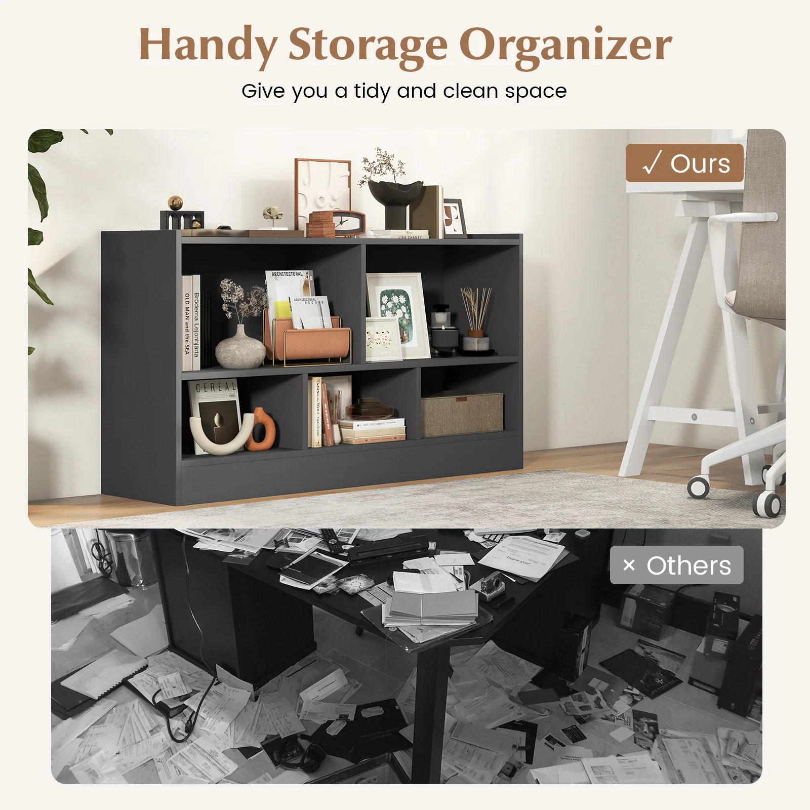 Kids 2-Shelf 5-Cube Wood Toy Storage Cabinet, Gray - Image 7