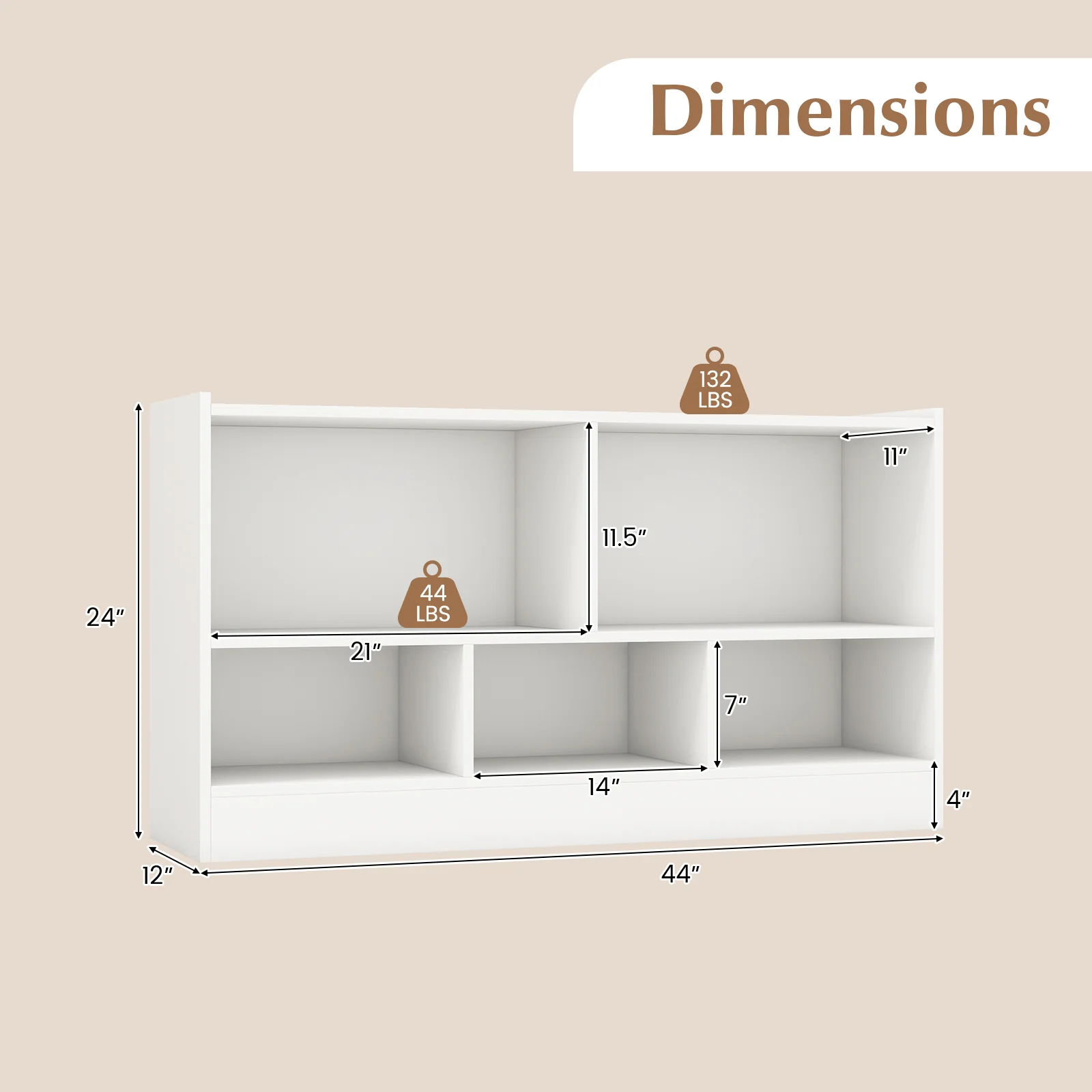 Kids 2-Shelf 5-Cube Wood Toy Storage Cabinet Organizer, White - Image 5