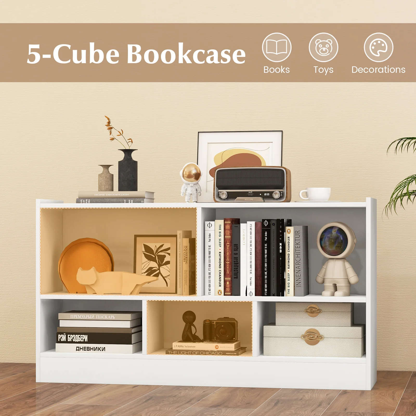 Kids 2-Shelf 5-Cube Wood Toy Storage Cabinet Organizer, White - Image 6