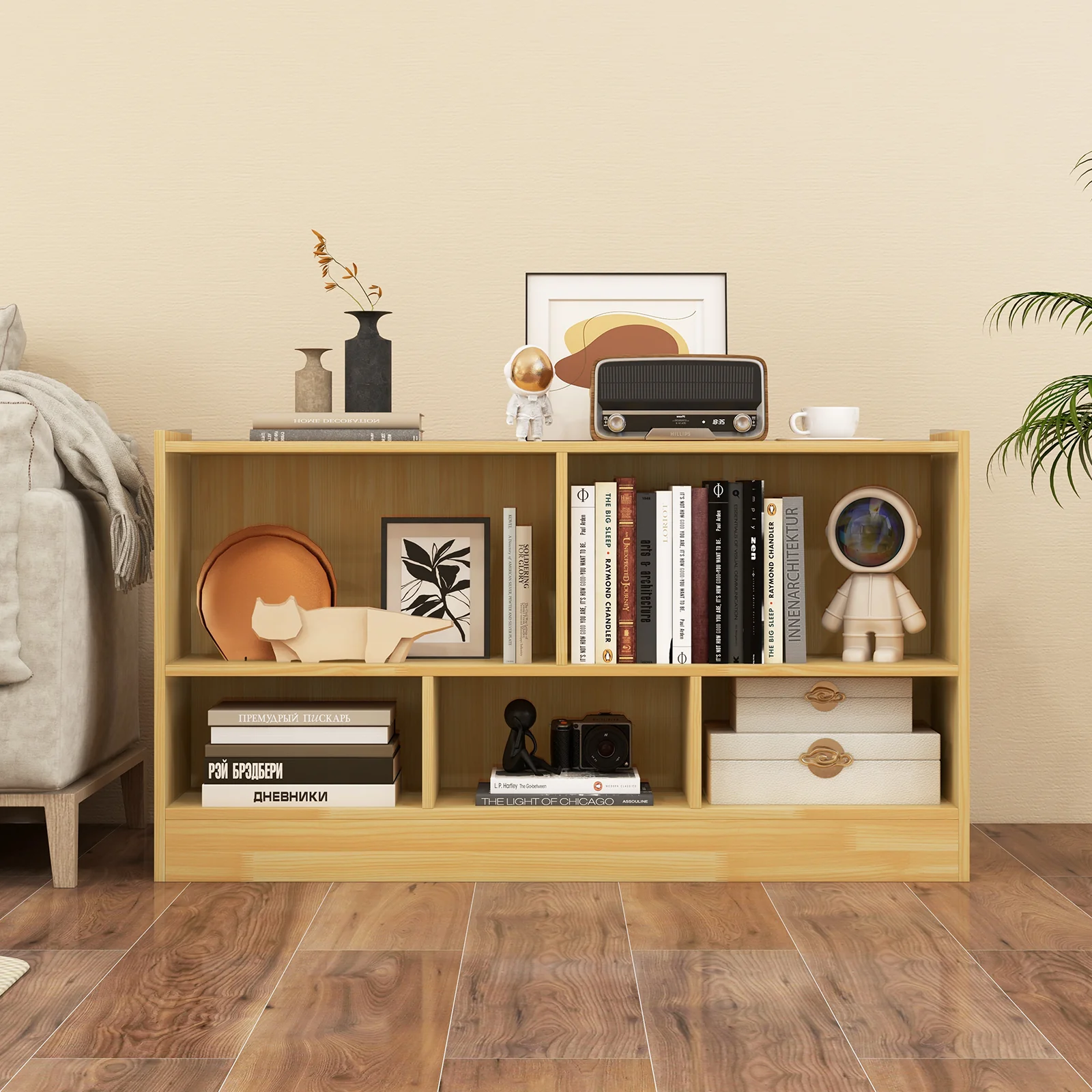 Kids 2-Shelf Bookcase, 5-Cube Wood Toy Storage Cabinet, Beige - Image 2