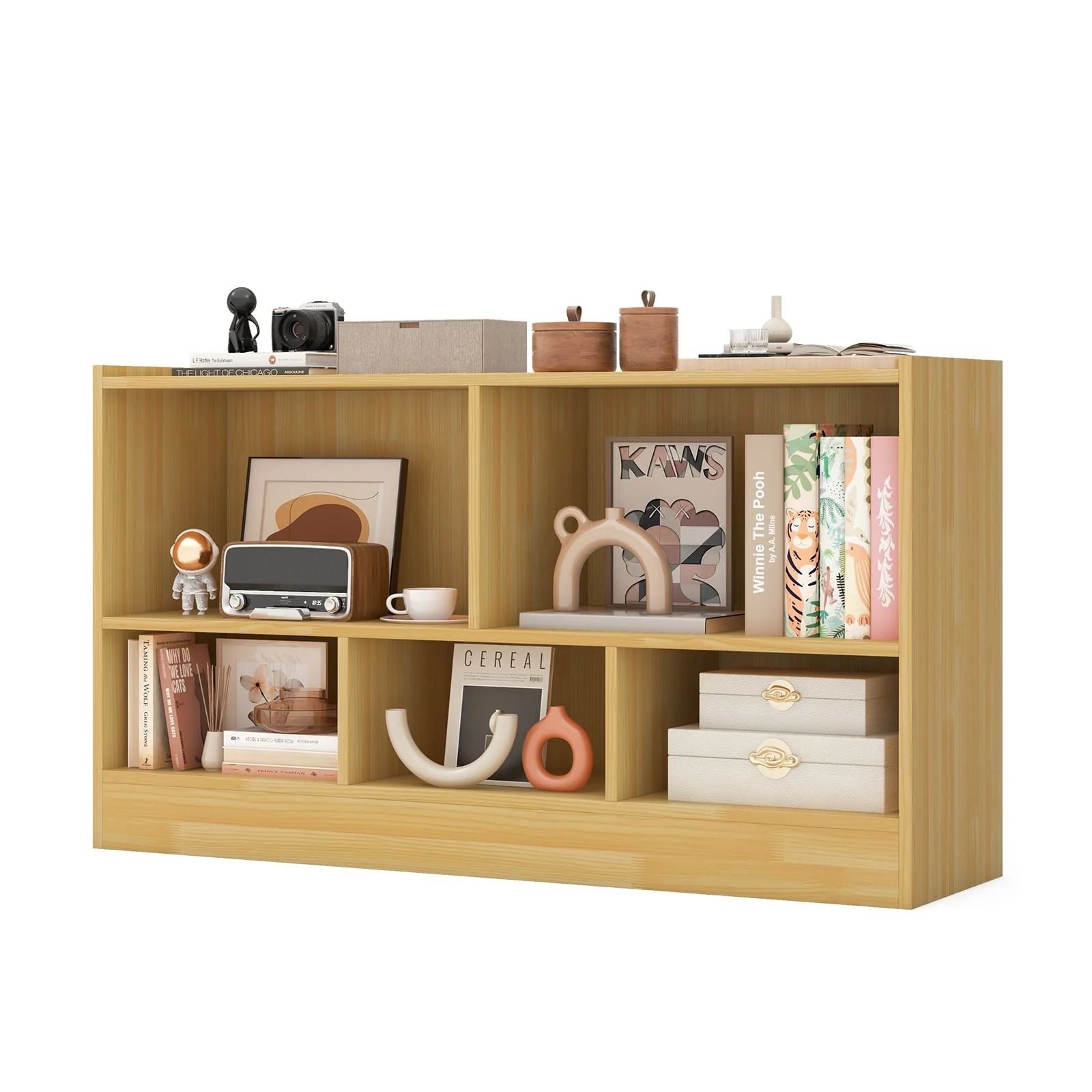 Kids 2-Shelf Bookcase, 5-Cube Wood Toy Storage Cabinet, Beige - Image 4