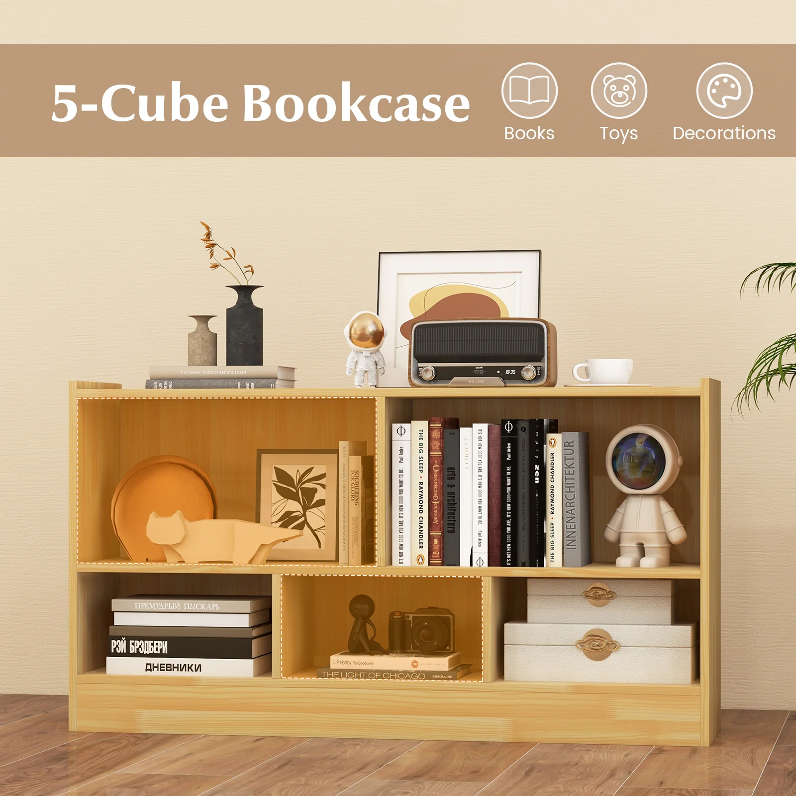 Kids 2-Shelf Bookcase, 5-Cube Wood Toy Storage Cabinet, Beige - Image 6