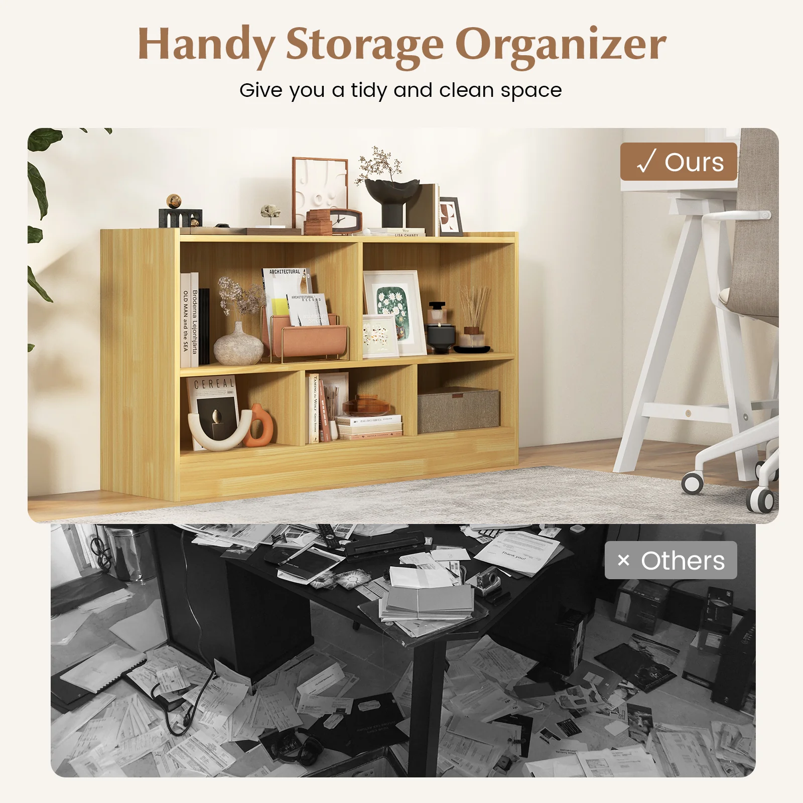 Kids 2-Shelf Bookcase, 5-Cube Wood Toy Storage Cabinet, Beige - Image 7