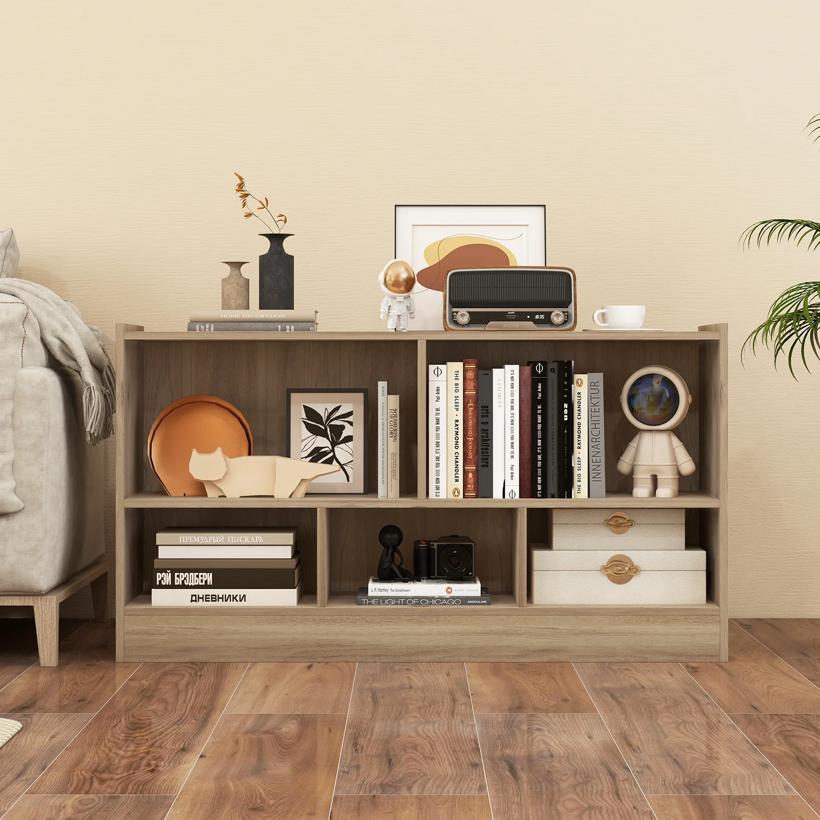 Kids 2-Shelf Bookcase, 5-Cube Wood Toy Storage Cabinet, Natural - Image 2