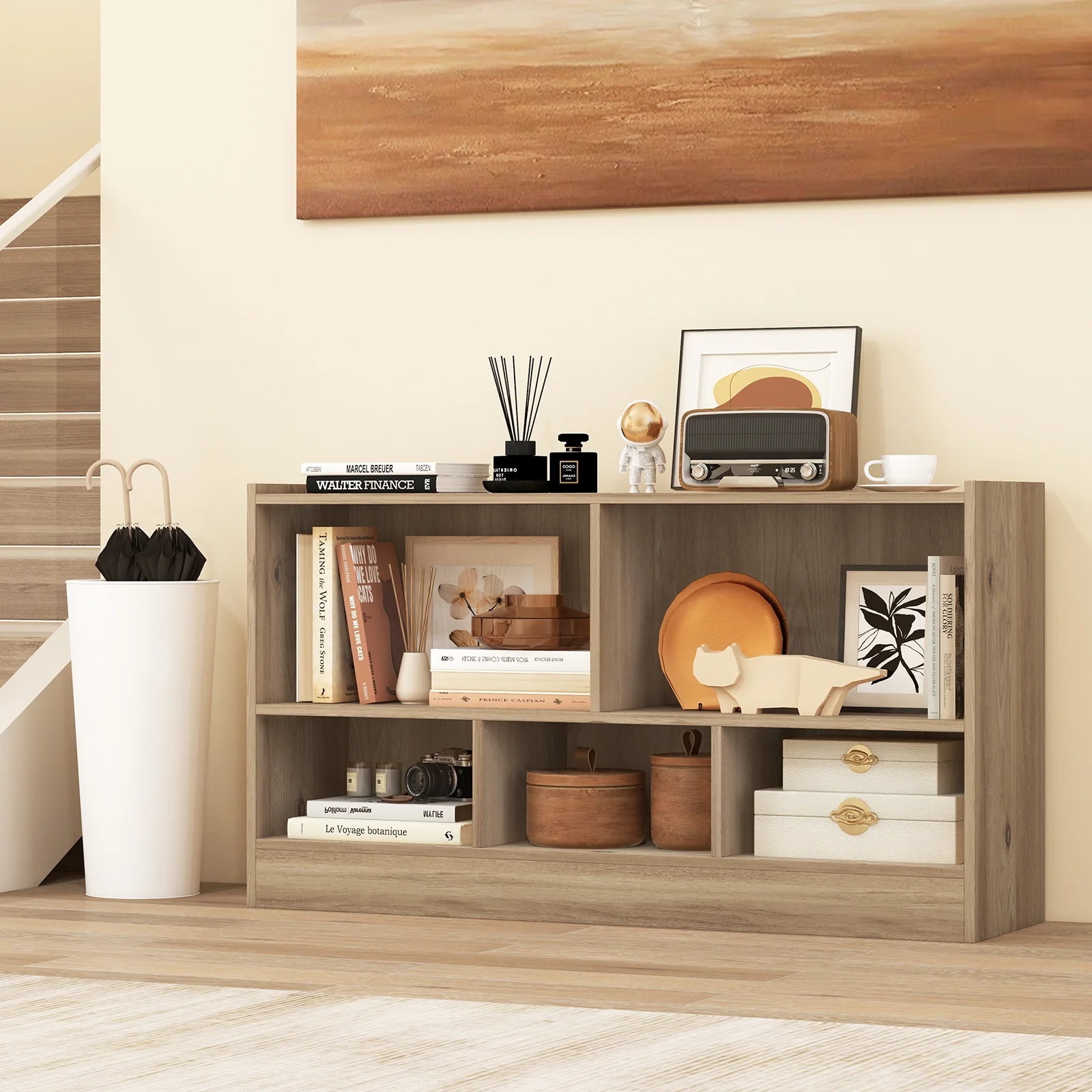 Kids 2-Shelf Bookcase, 5-Cube Wood Toy Storage Cabinet, Natural - Image 3