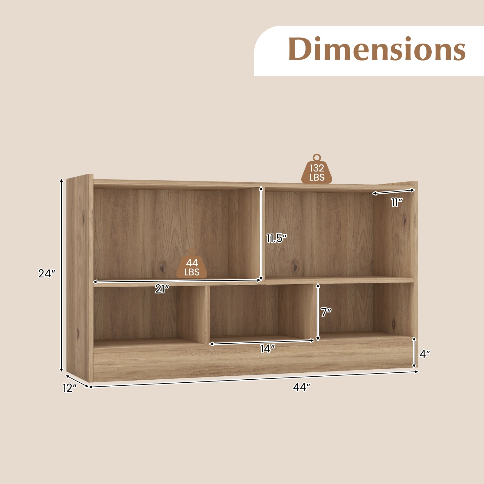 Kids 2-Shelf Bookcase, 5-Cube Wood Toy Storage Cabinet, Natural - Image 5