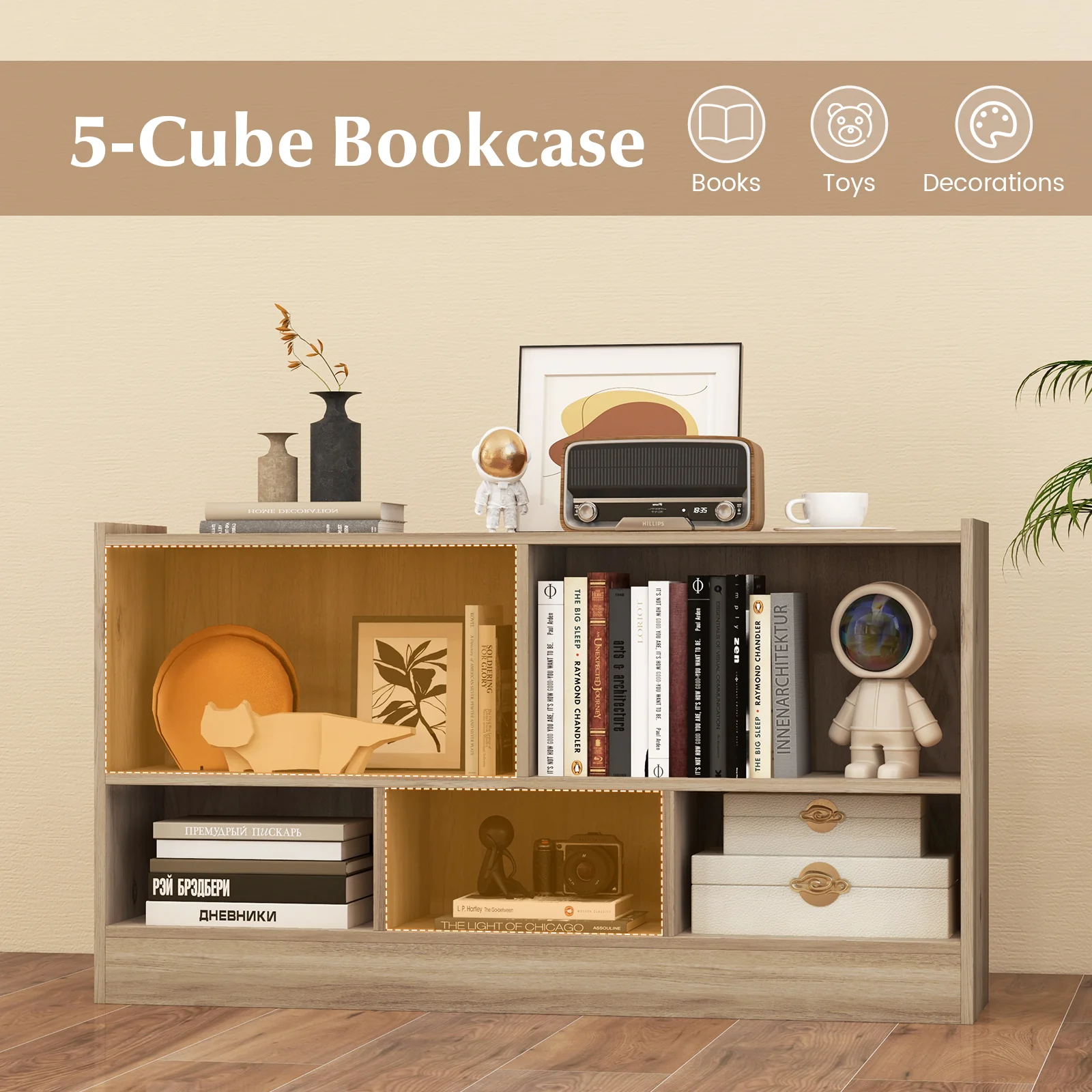 Kids 2-Shelf Bookcase, 5-Cube Wood Toy Storage Cabinet, Natural - Image 6