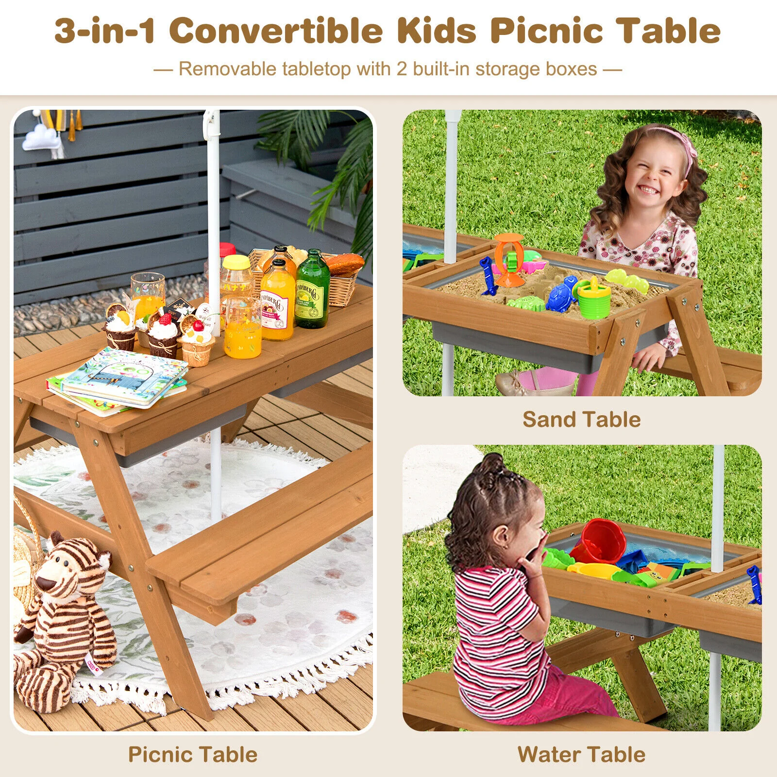 Kids 3-In-1 Water Sand Table, With Umbrella Play Boxes, Yellow - Image 10