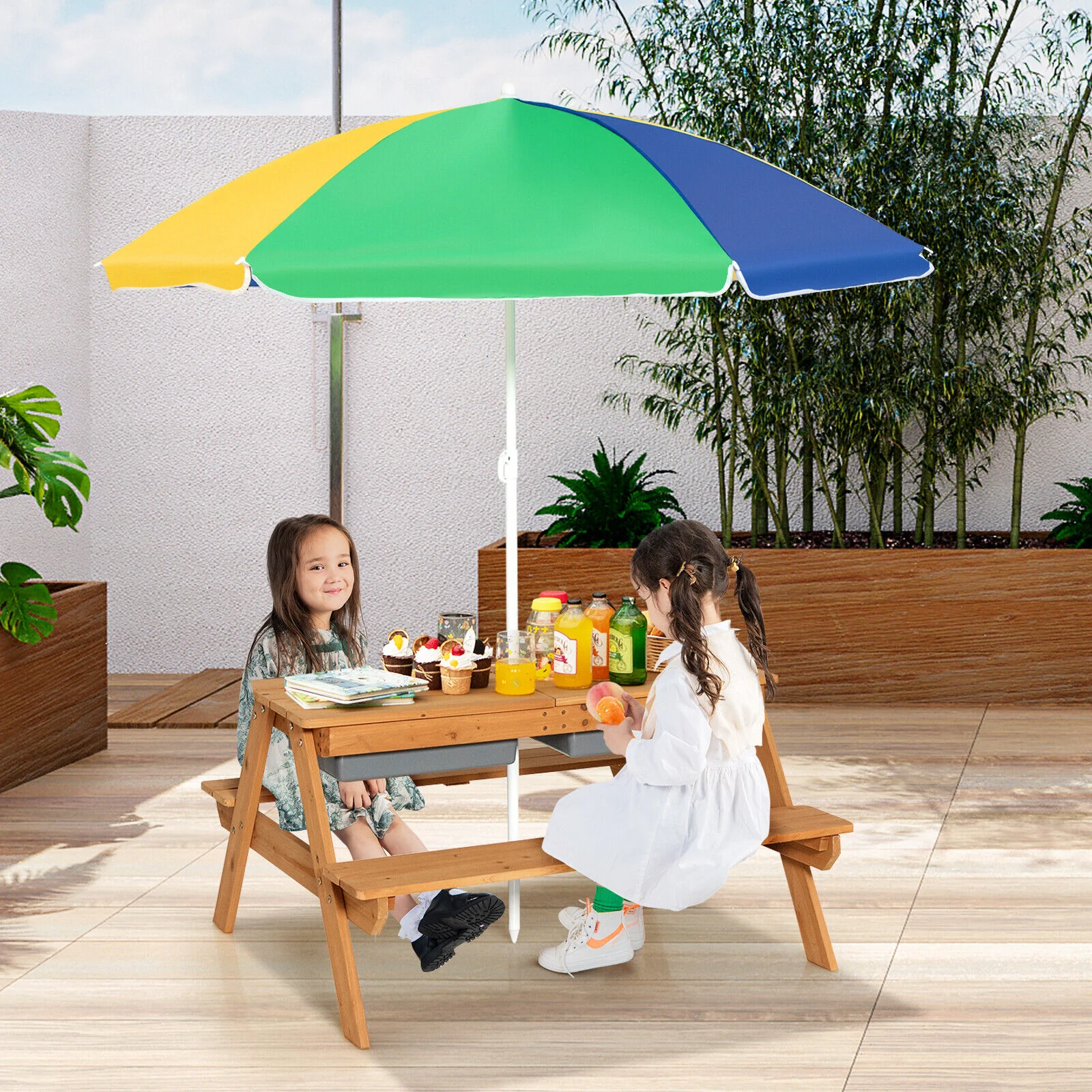 Kids 3-In-1 Water Sand Table, With Umbrella Play Boxes, Yellow - Image 2