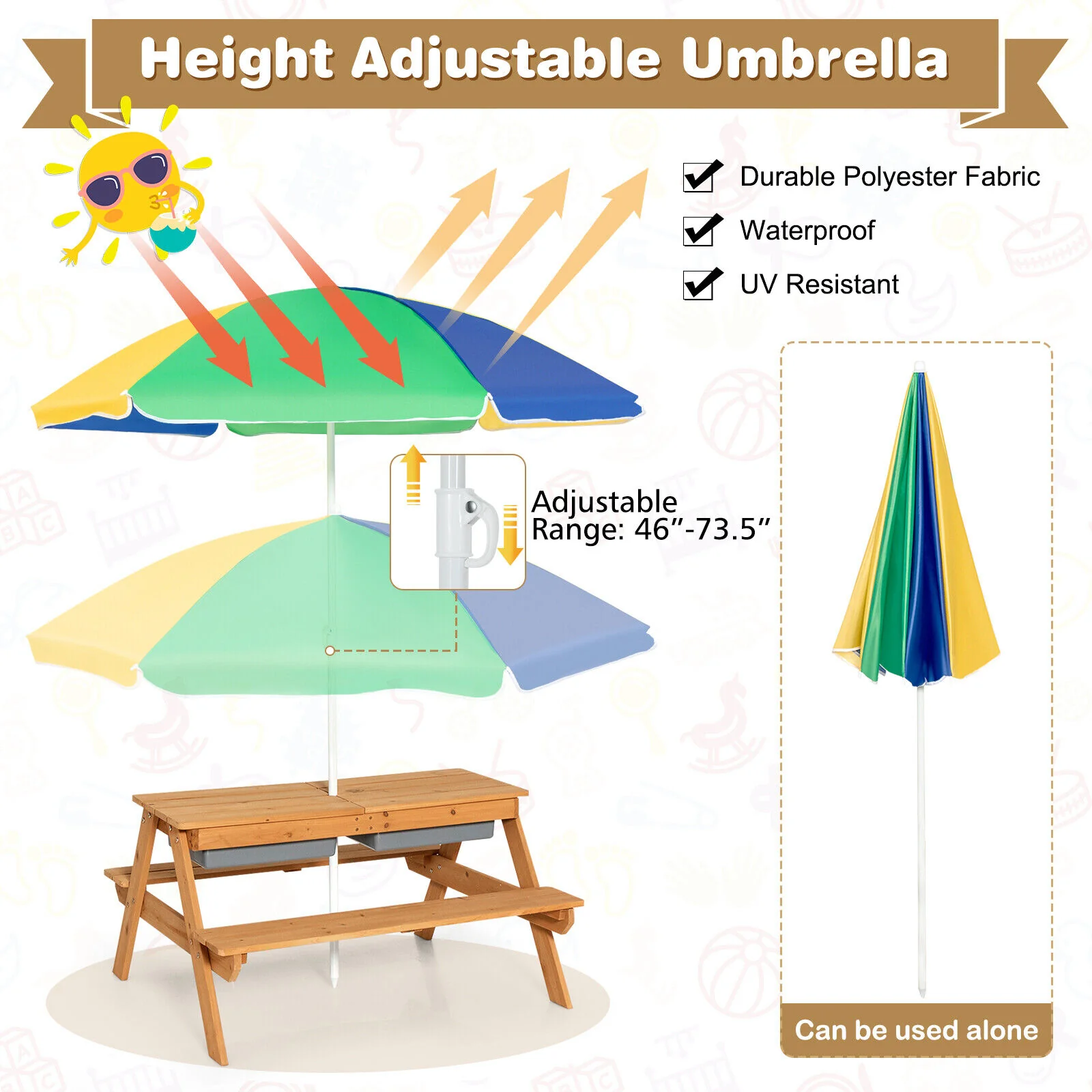 Kids 3-In-1 Water Sand Table, With Umbrella Play Boxes, Yellow - Image 7