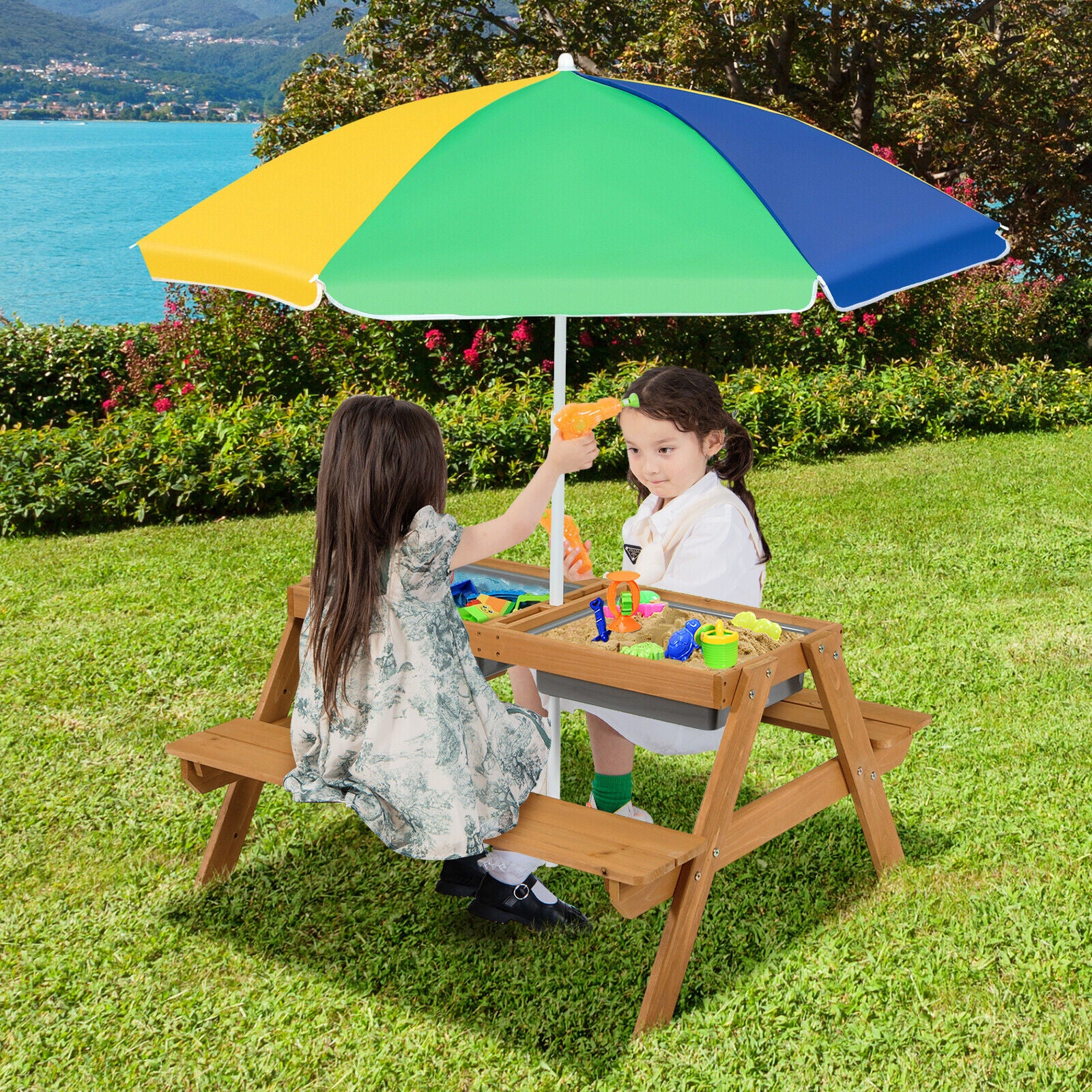 Kids 3-In-1 Water Sand Table, With Umbrella Play Boxes, Yellow - Image 8