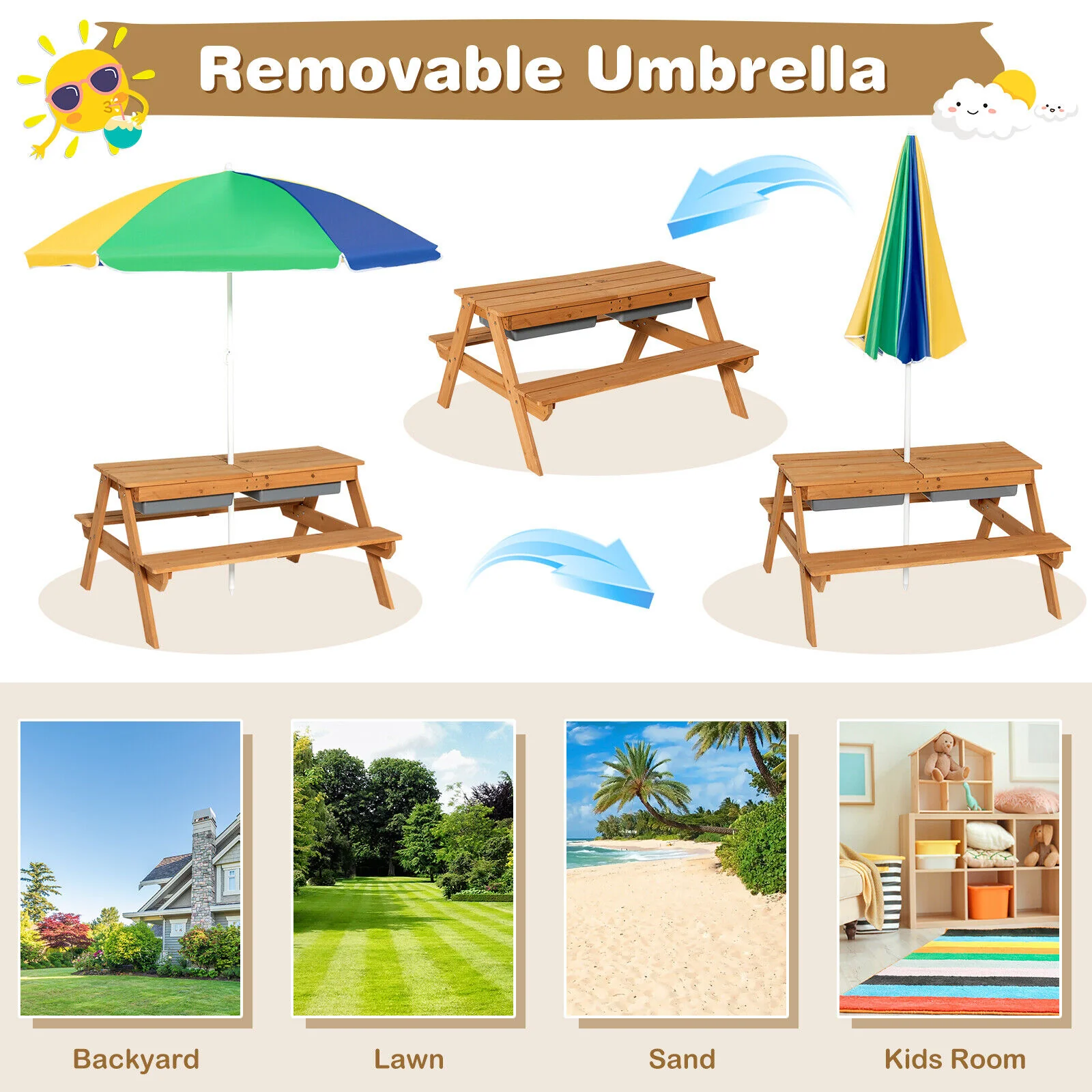 Kids 3-In-1 Water Sand Table, With Umbrella Play Boxes, Yellow - Image 9