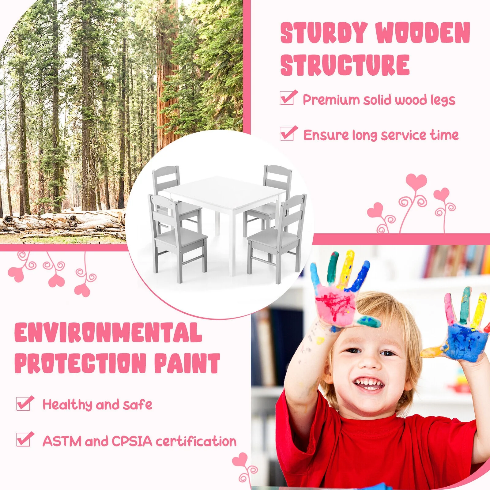 Kids 5 Piece Table And Chair Set, Wooden Activity Playroom Furniture, White - Image 10
