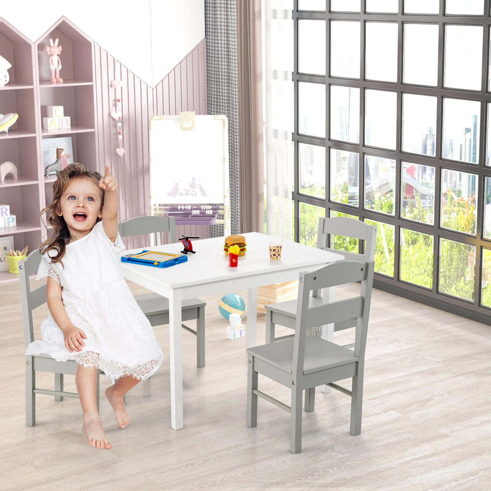 Kids 5 Piece Table And Chair Set, Wooden Activity Playroom Furniture, White - Image 2