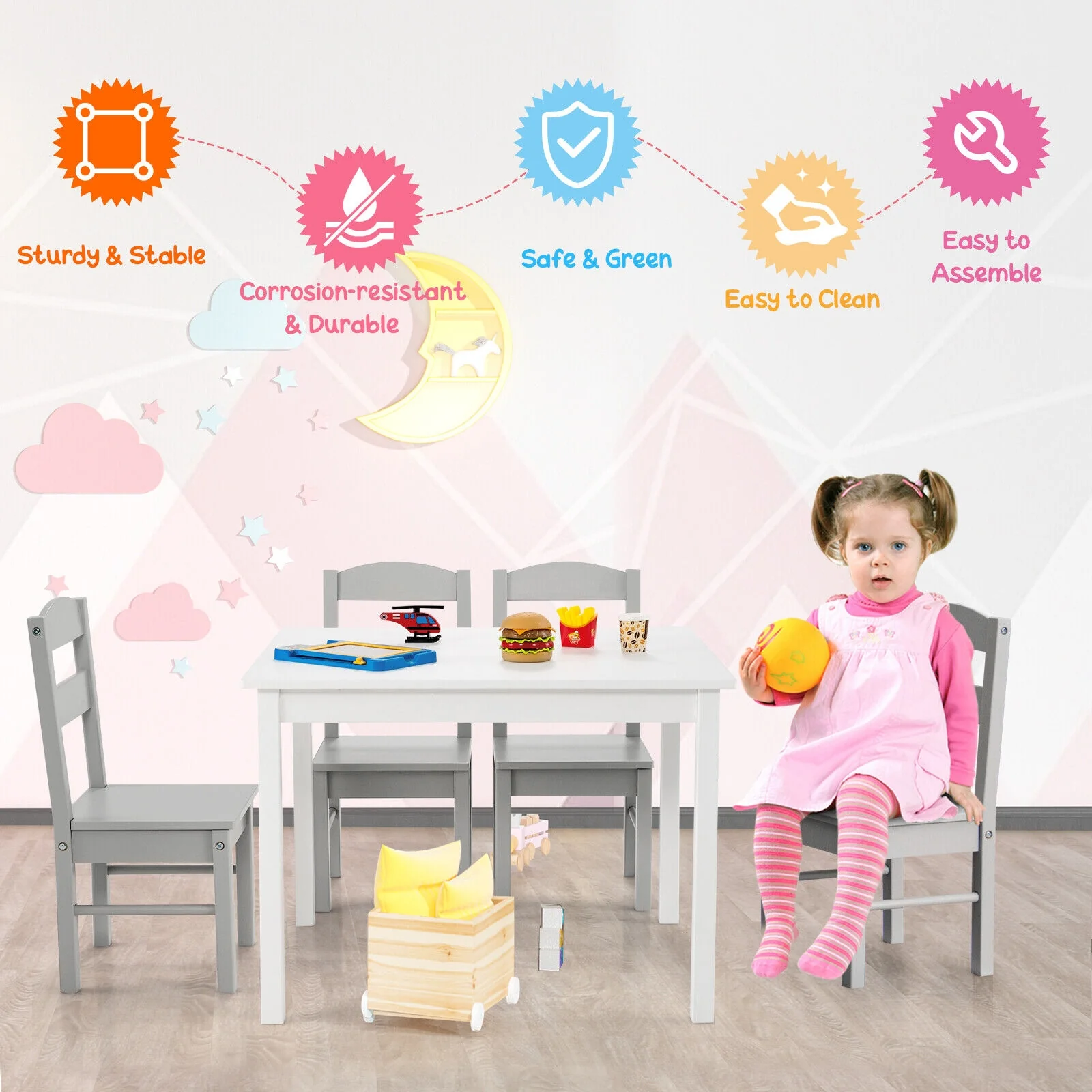 Kids 5 Piece Table And Chair Set, Wooden Activity Playroom Furniture, White - Image 3