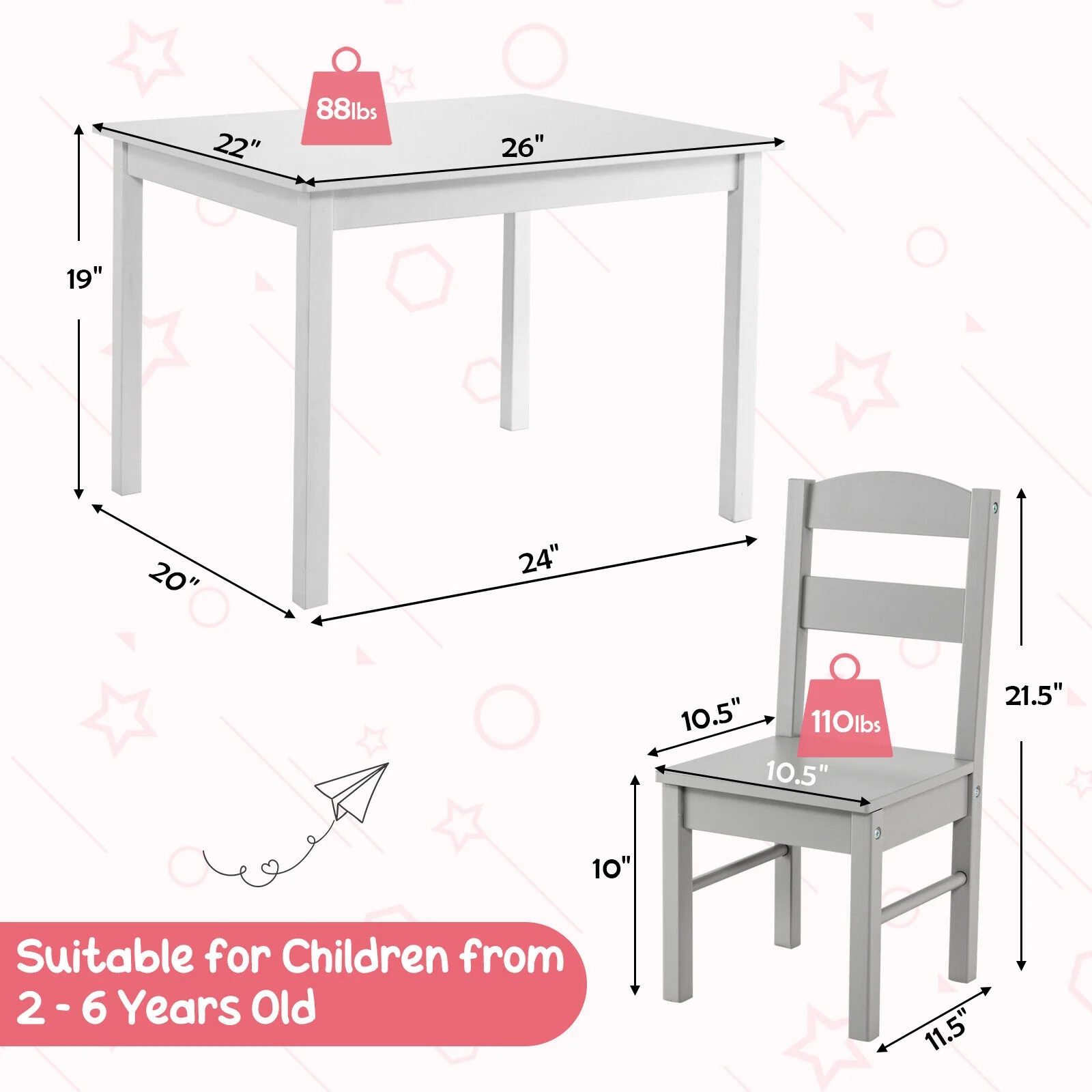 Kids 5 Piece Table And Chair Set, Wooden Activity Playroom Furniture, White - Image 5