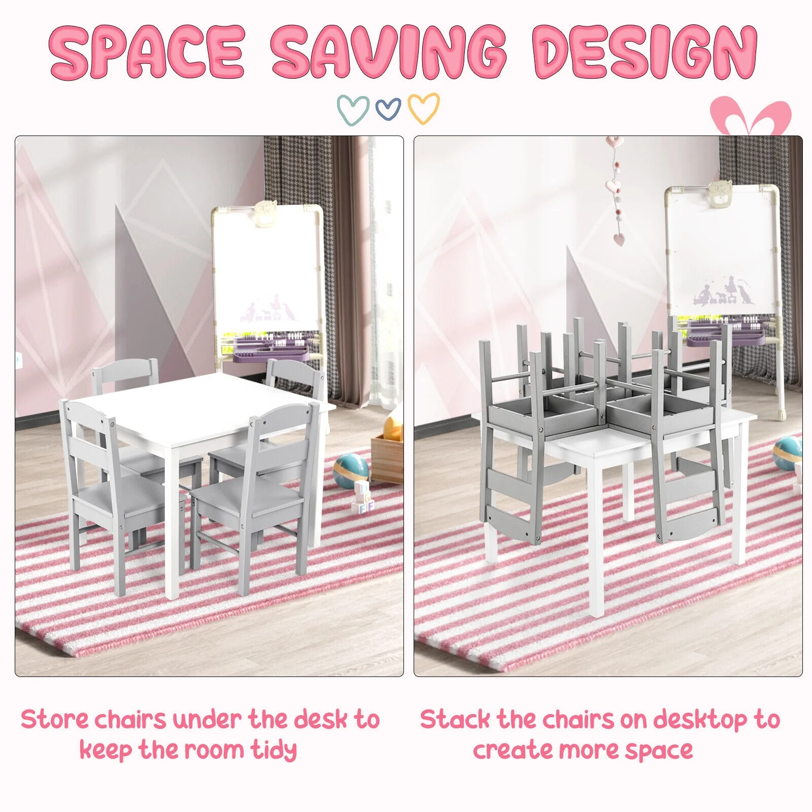 Kids 5 Piece Table And Chair Set, Wooden Activity Playroom Furniture, White - Image 6