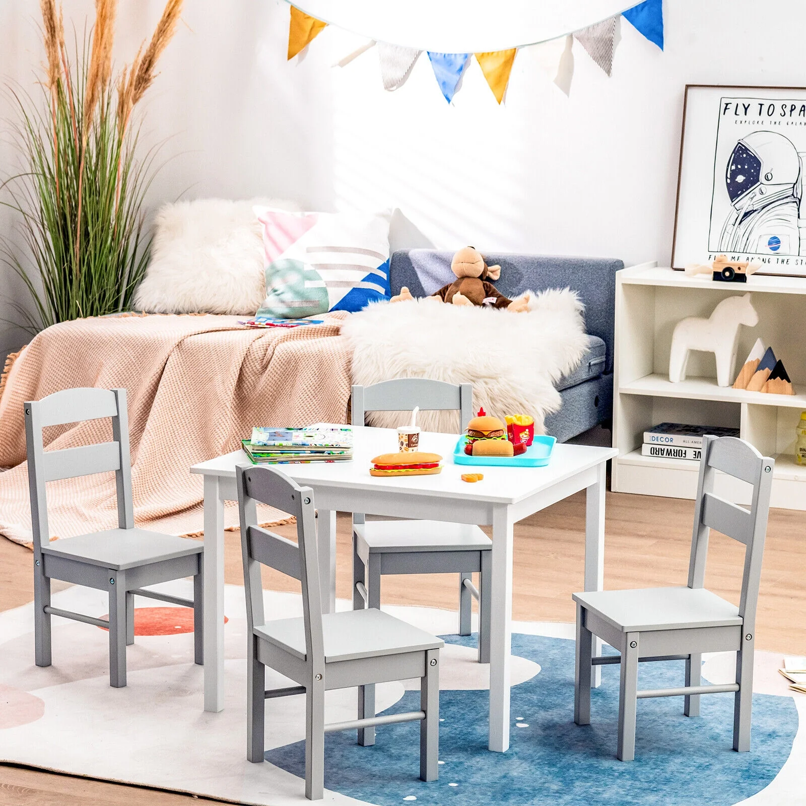 Kids 5 Piece Table And Chair Set, Wooden Activity Playroom Furniture, White - Image 7