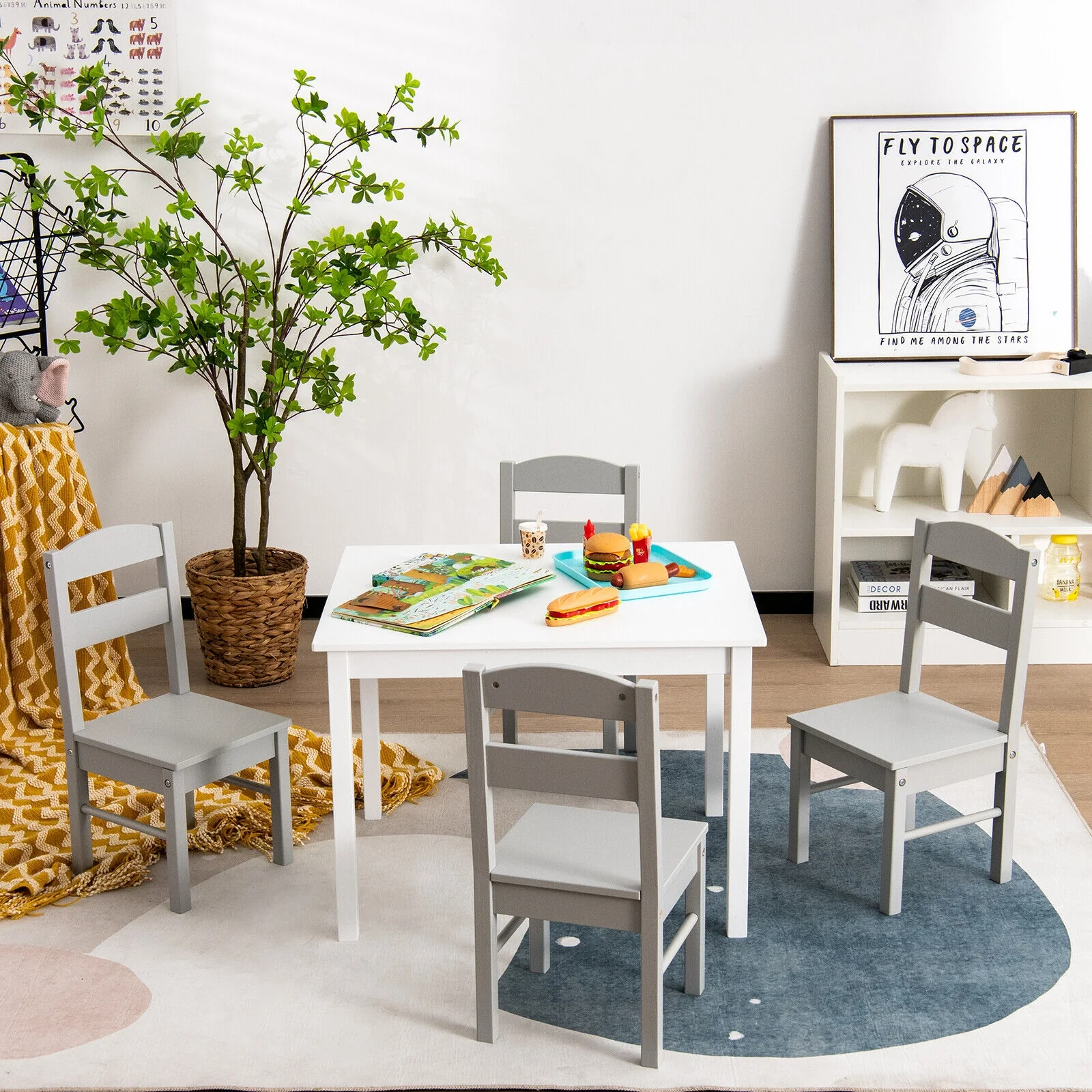 Kids 5 Piece Table And Chair Set, Wooden Activity Playroom Furniture, White - Image 8