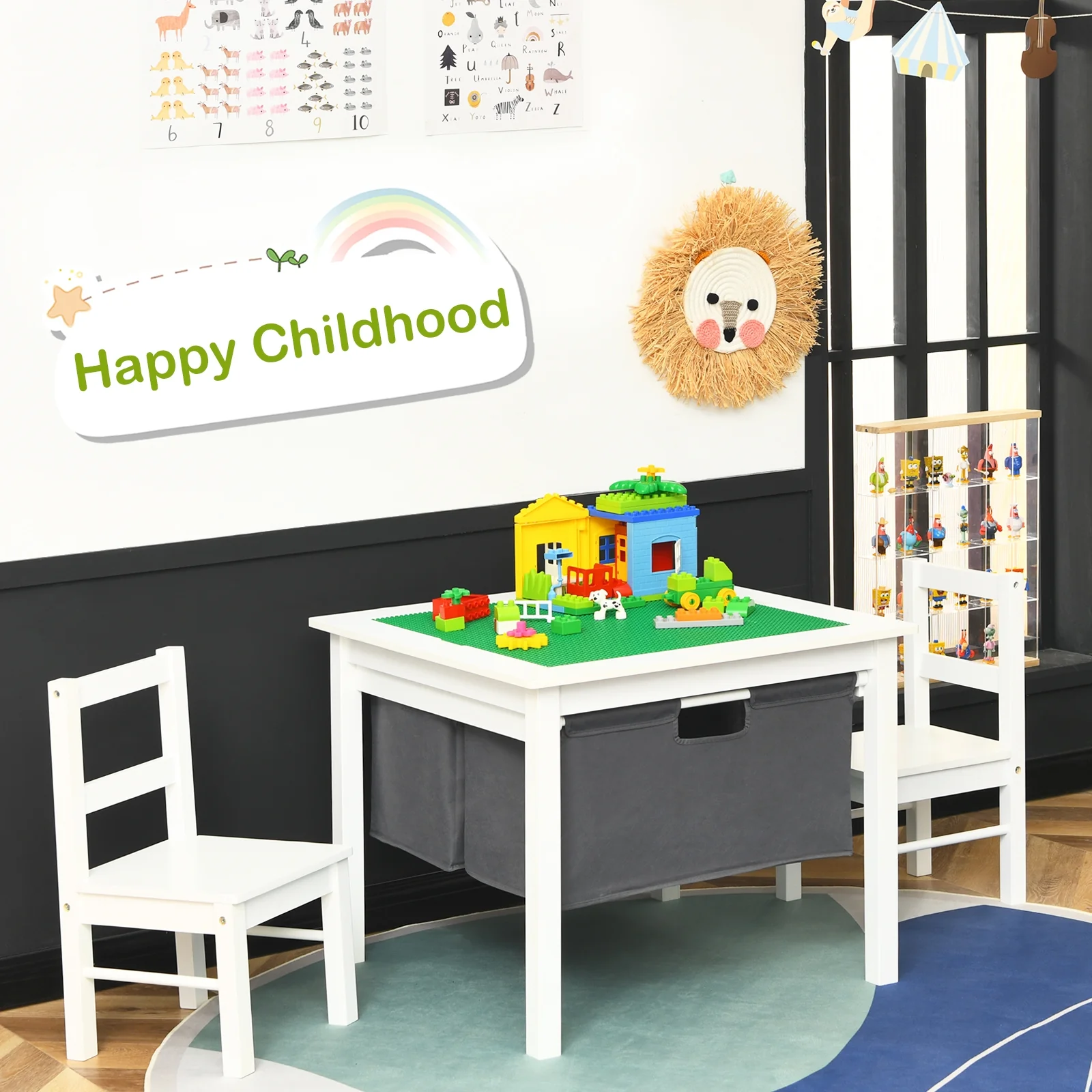 Kids Activity Table And 2 Chairs Set, Building Block Table With Storage, White - Image 7