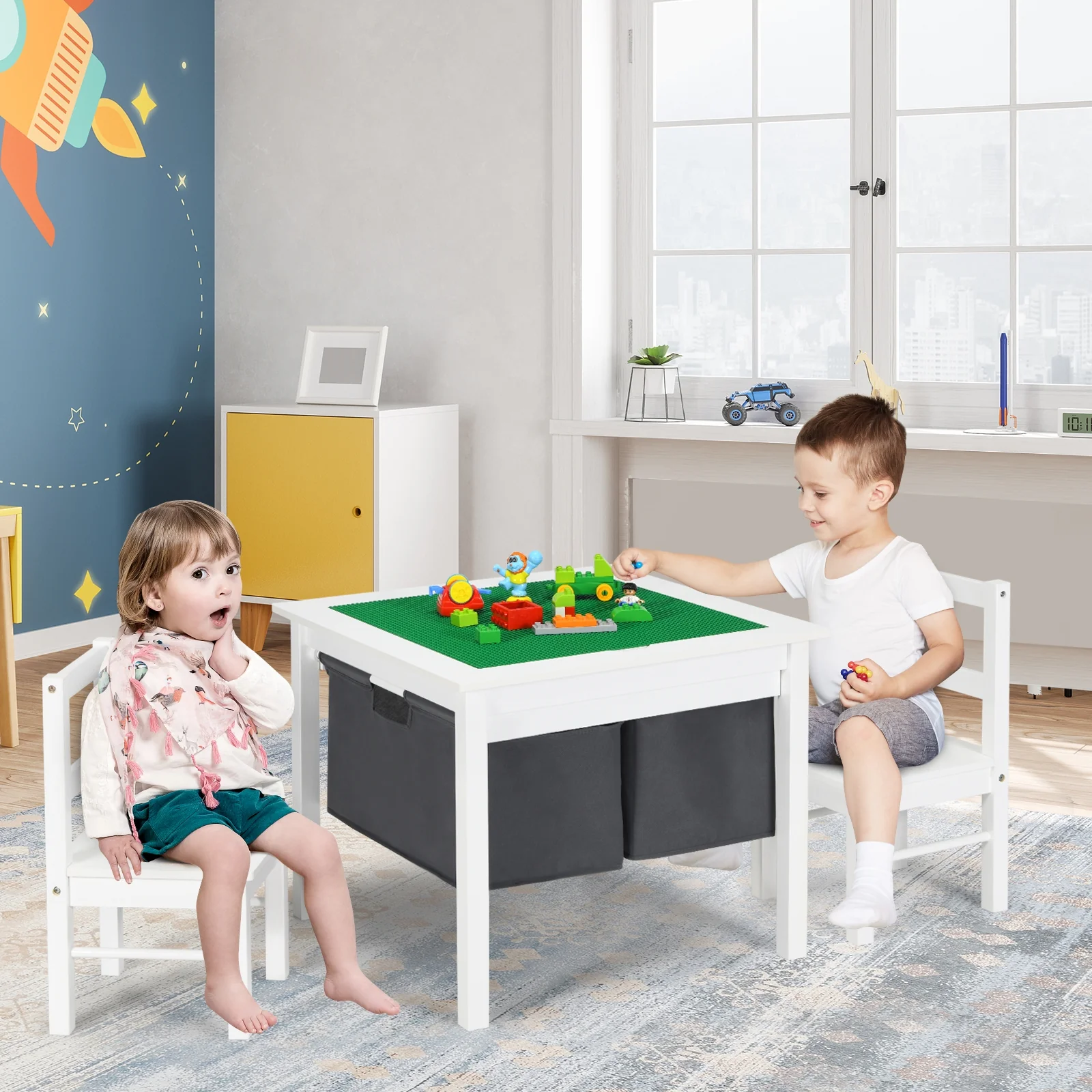 Kids Activity Table And 2 Chairs Set, Building Block Table With Storage, White - Image 8